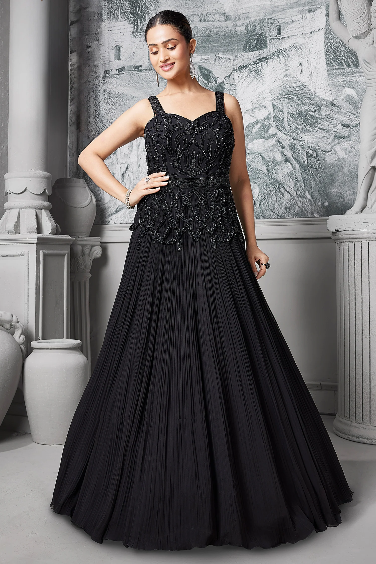 Black Georgette Cutdana and Beaded Gown - Image 3