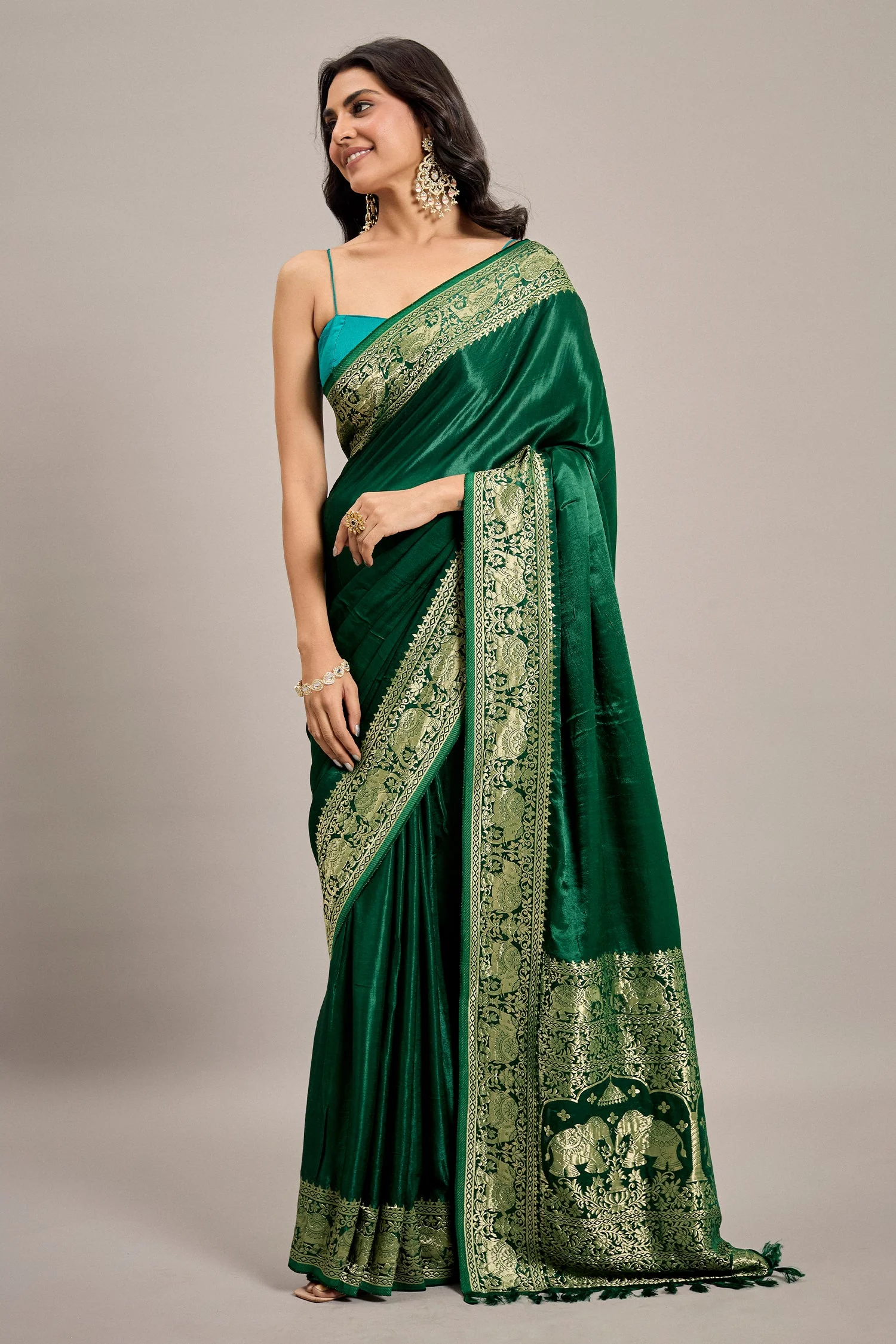 Dark Green Satin Silk Saree with Elephant Motifs Border - Image 3