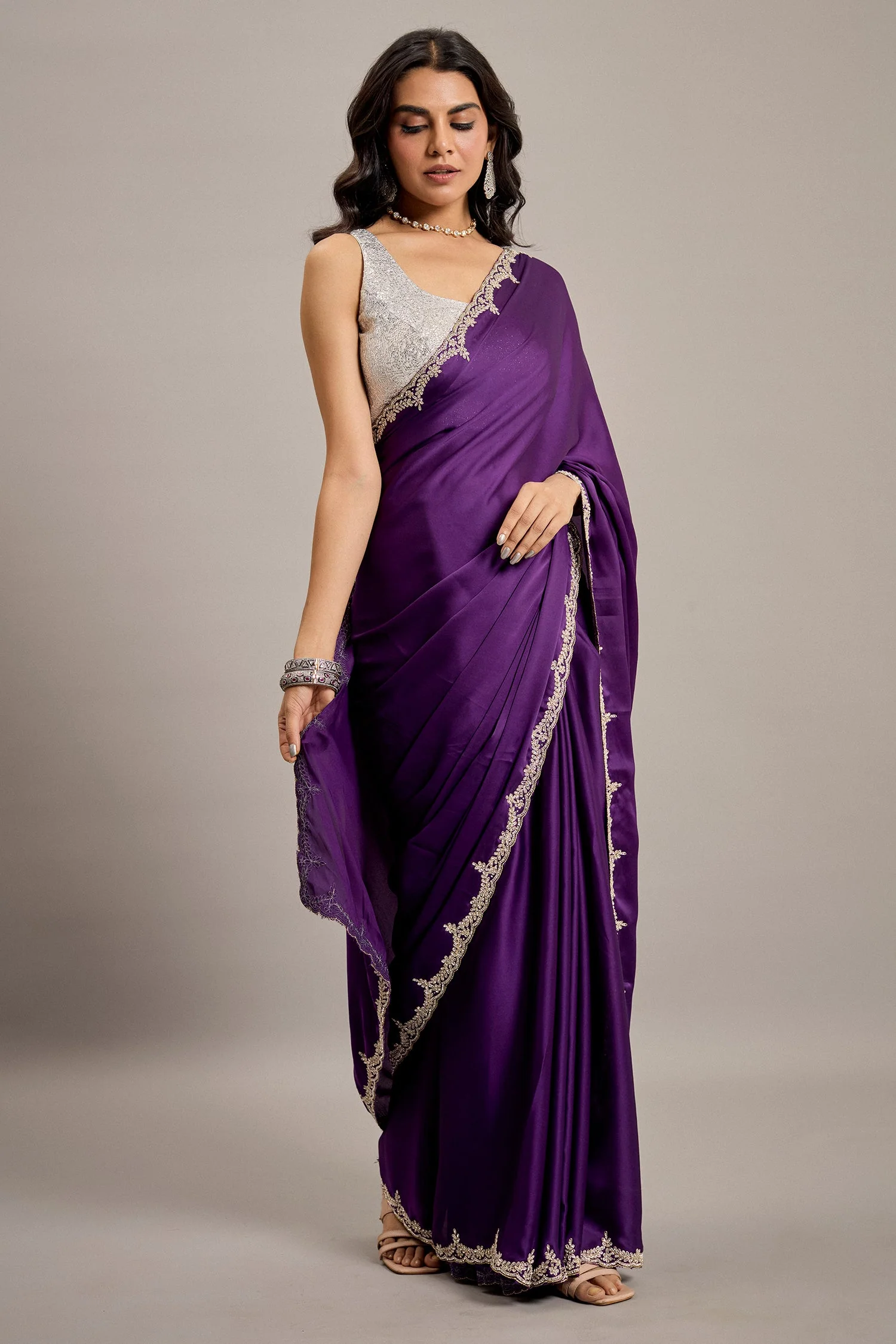 Deep Violet Satin Crepe Silk Saree with Diamond Embellishment Border - Image 4