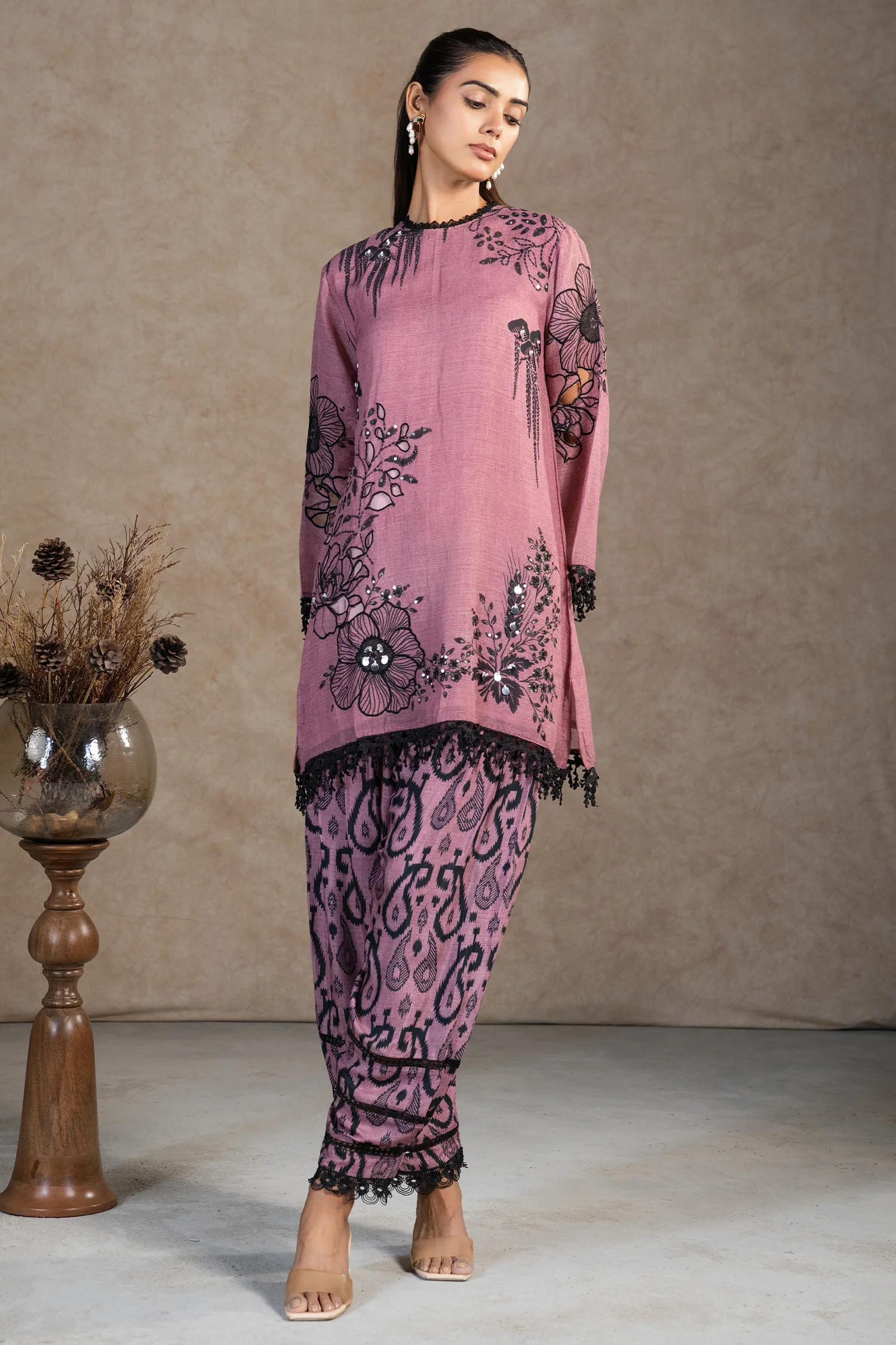 Dusty Pink Linen Floral Printed Co-Ord Set - Image 4