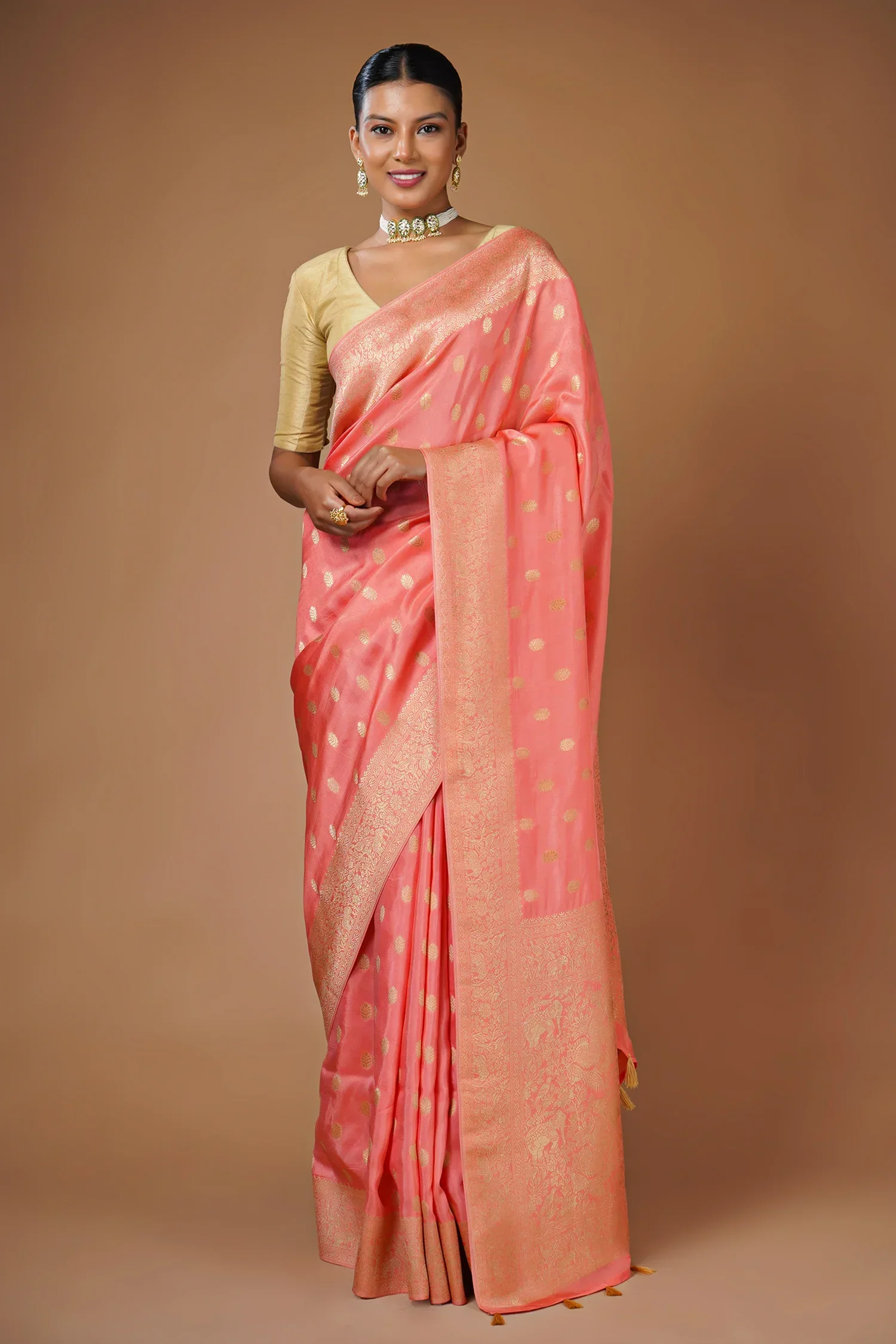 Flamingo Pink Woven Butti Saree in Muga Silk with Elephant and Peacock Motifs - Image 3