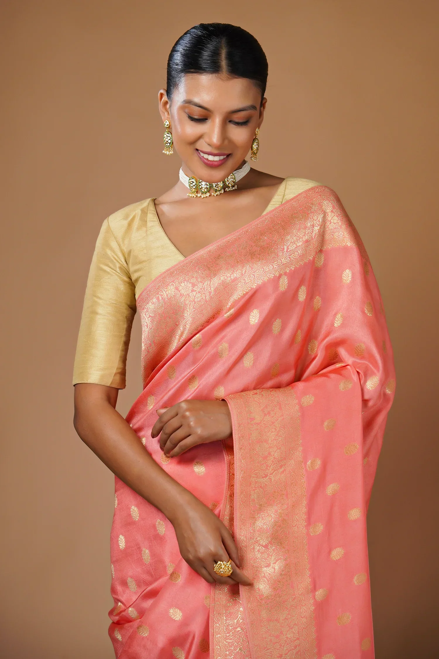 Flamingo Pink Woven Butti Saree in Muga Silk with Elephant and Peacock Motifs - Image 5