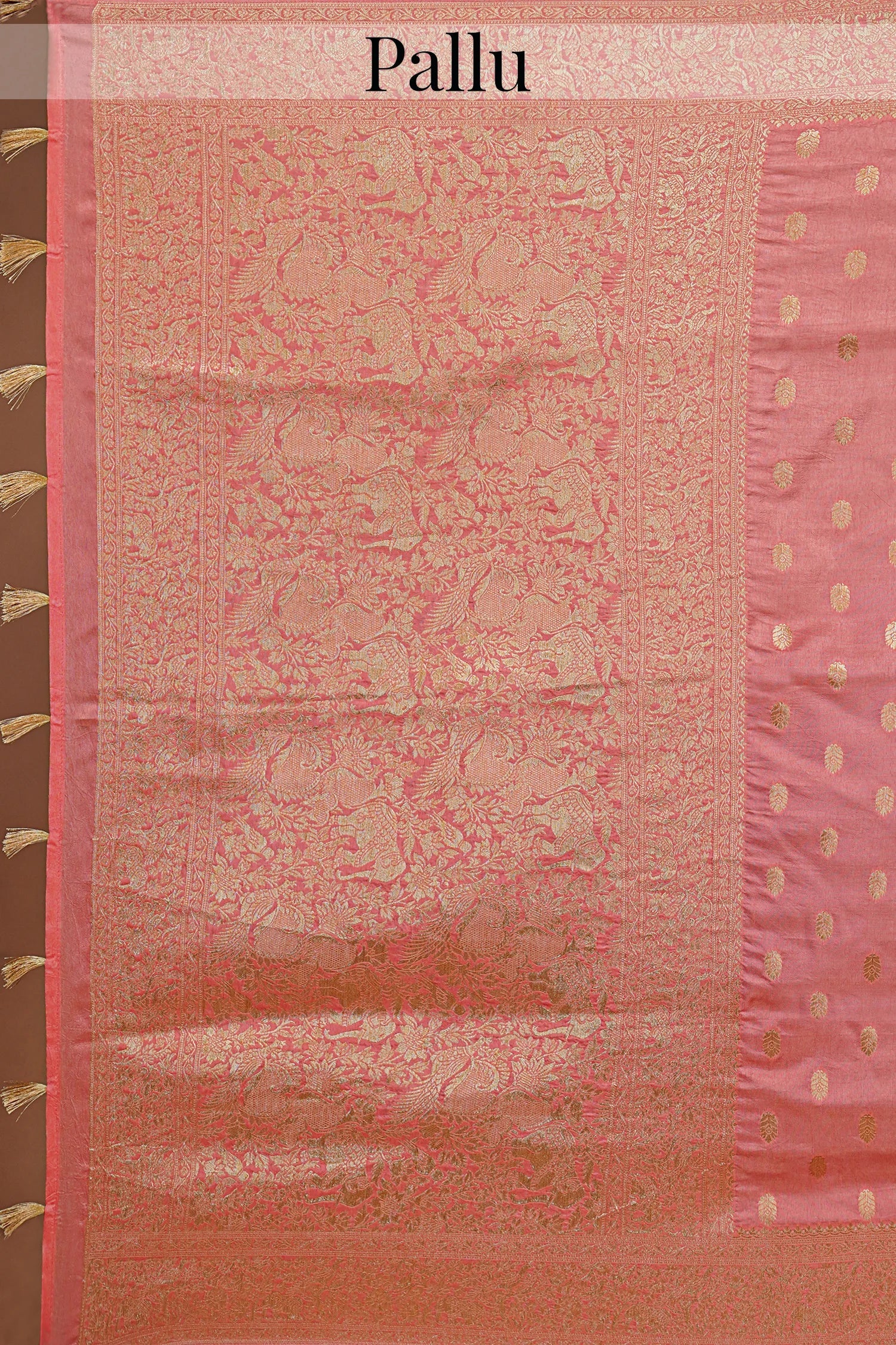 Flamingo Pink Woven Butti Saree in Muga Silk with Elephant and Peacock Motifs - Image 6