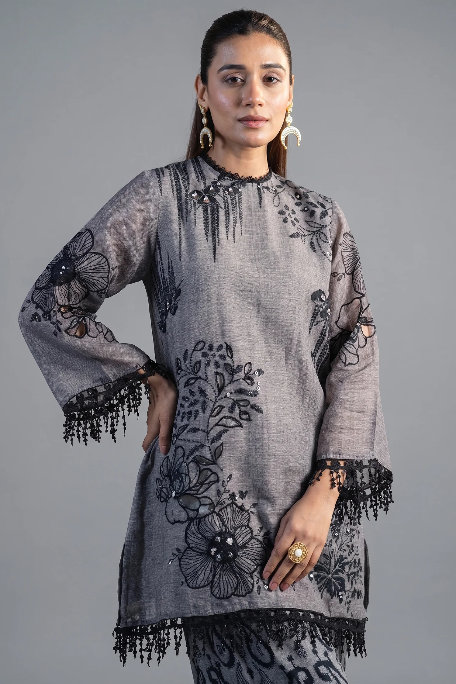 Grey Linen Floral Printed Co-Ord Set - Image 2