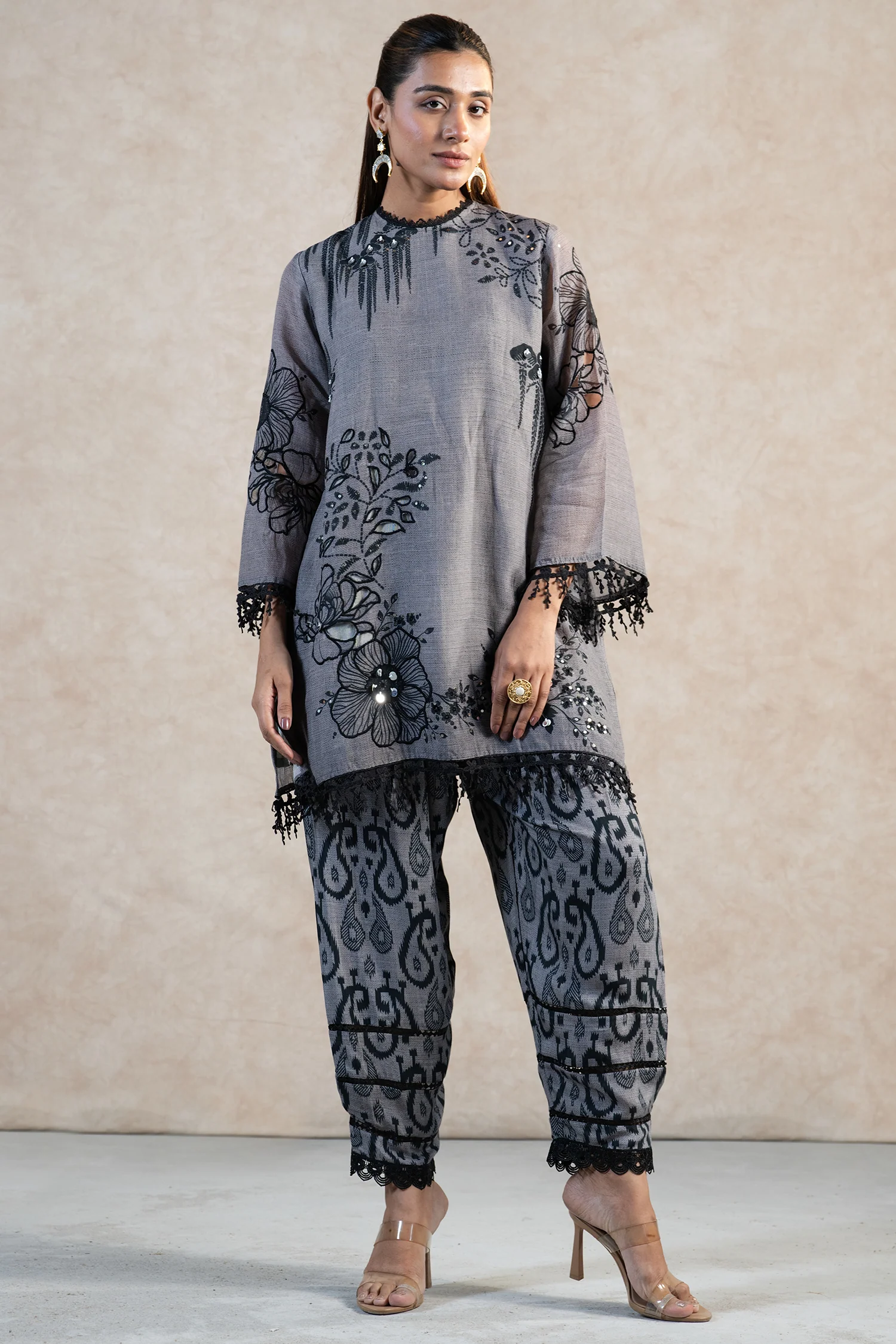 Grey Linen Floral Printed Co-Ord Set - Image 3
