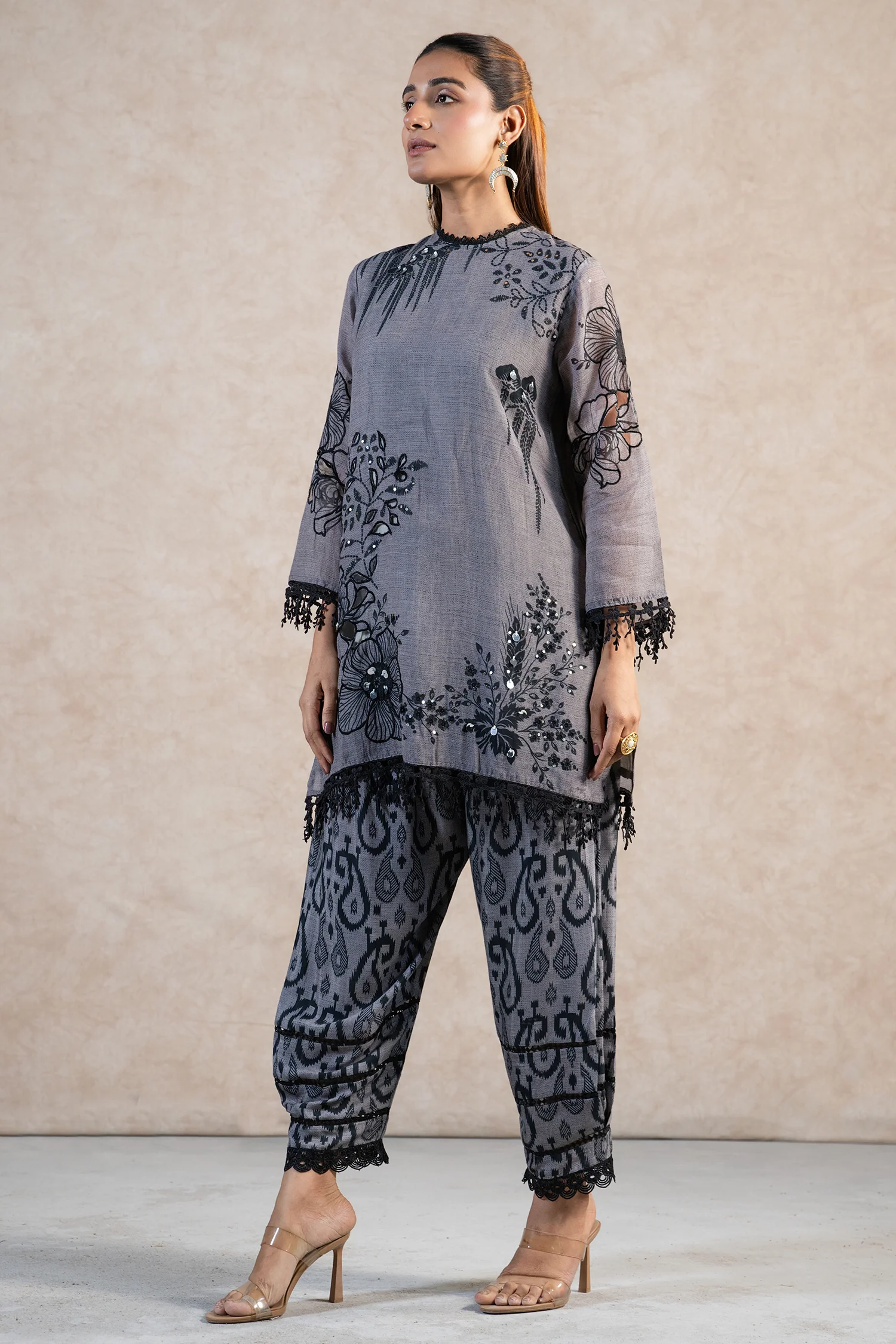 Grey Linen Floral Printed Co-Ord Set - Image 4
