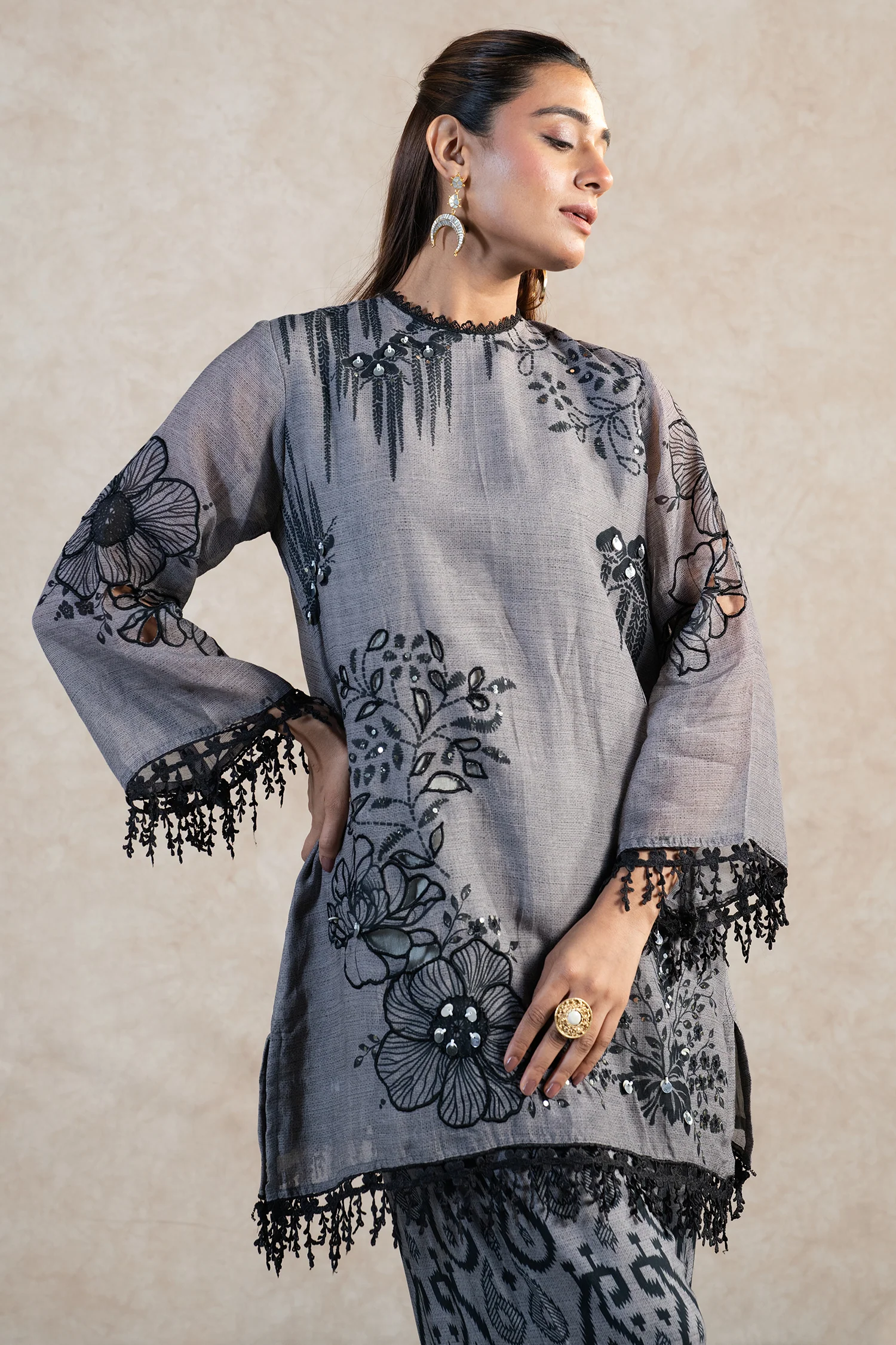 Grey Linen Floral Printed Co-Ord Set - Image 5