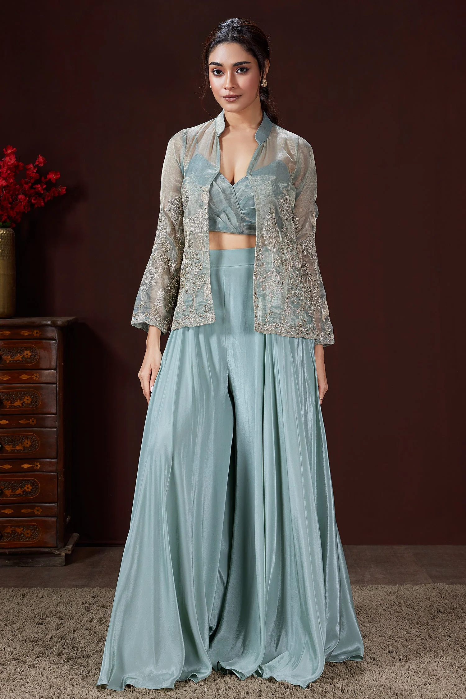 Light Blue Tissue Silk Crop Top Palazzo Set with Embroidered Jacket - Image 3