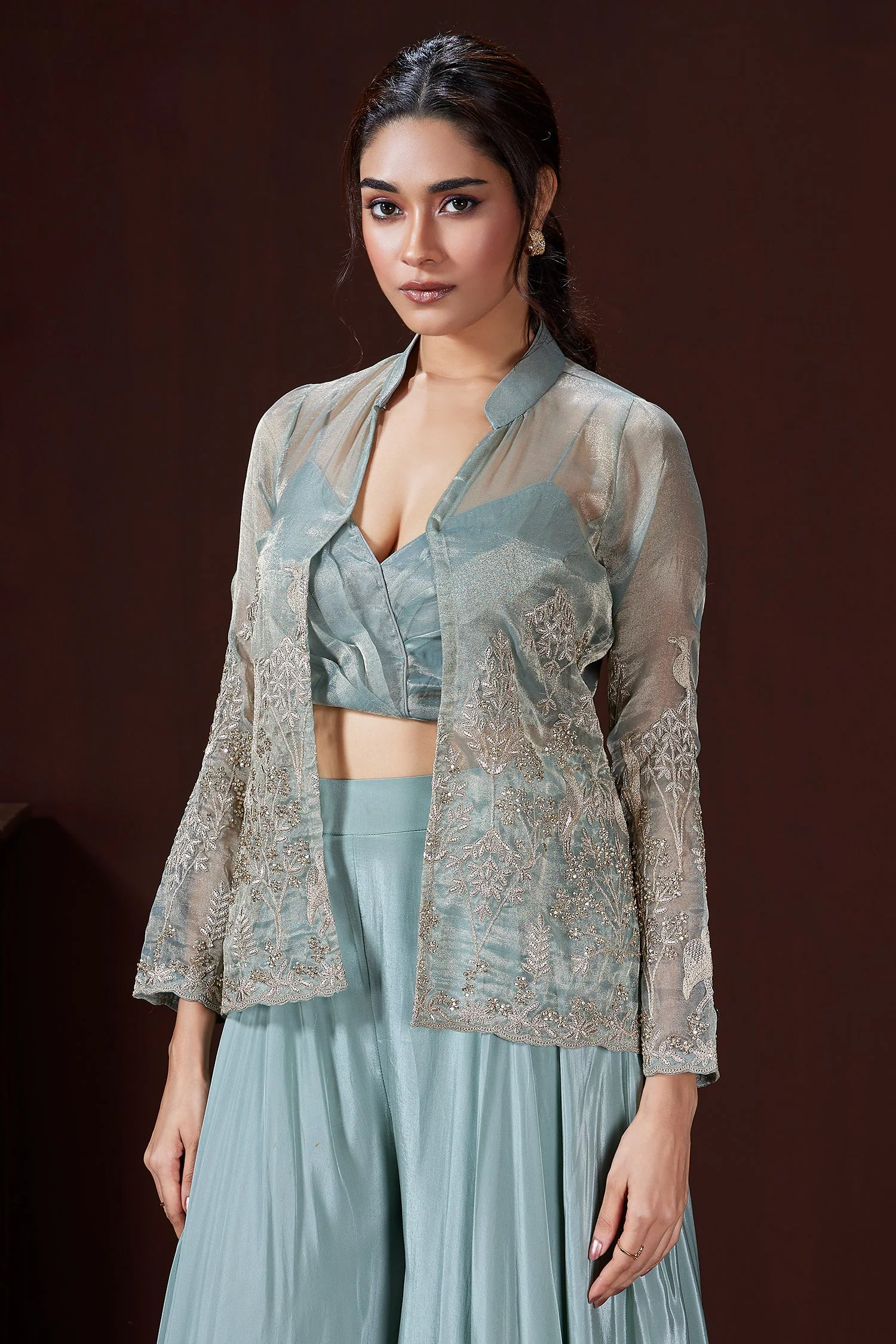 Light Blue Tissue Silk Crop Top Palazzo Set with Embroidered Jacket - Image 4
