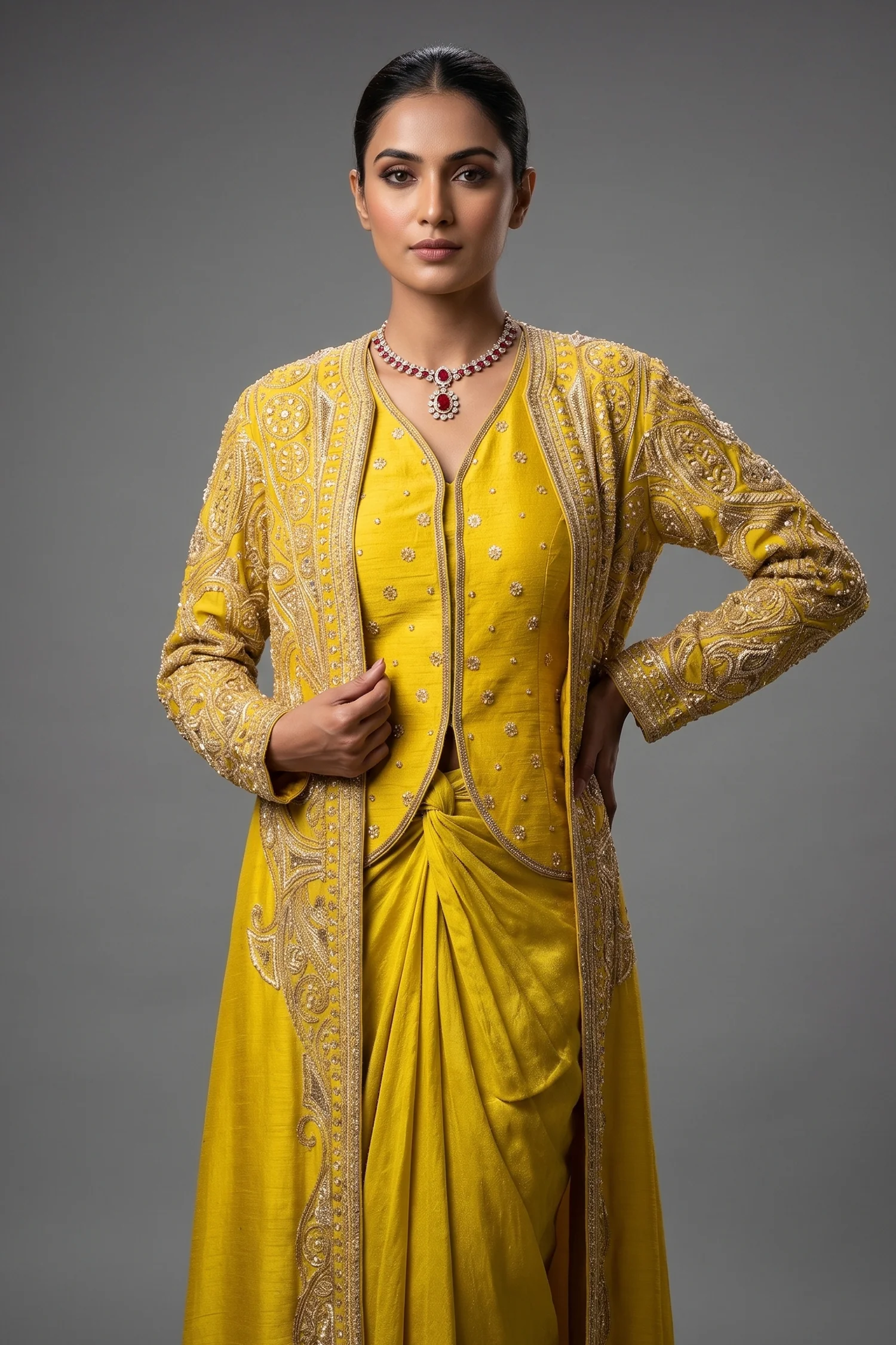 Lime Yellow Raw Silk Designer Heavy Worked Crop Top Jacket with Pleated Dhoti Skirt - Image 2