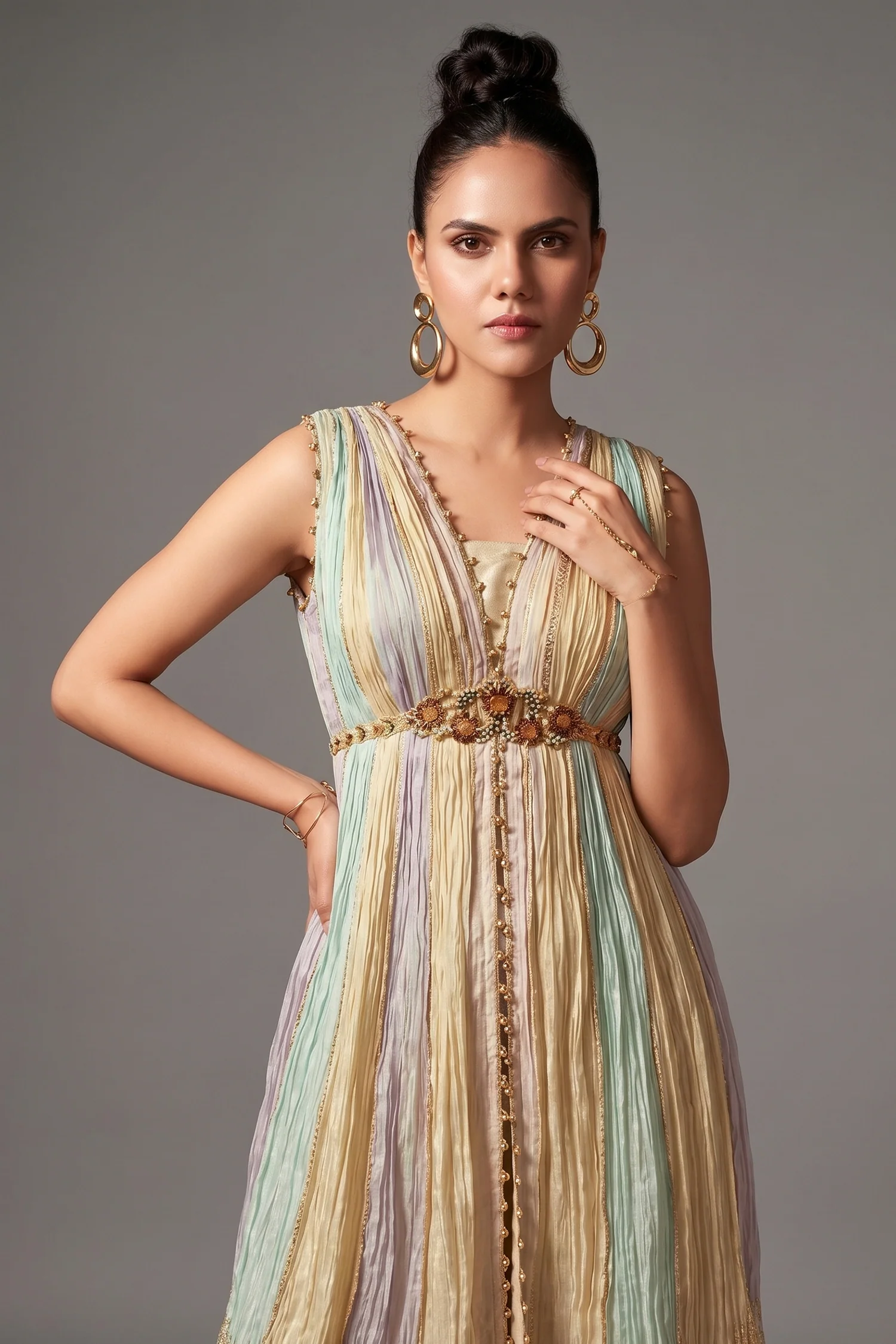 Multi Colored Chinon Crepe Silk Woven Kaftan Style Palazzo Set - Image 2