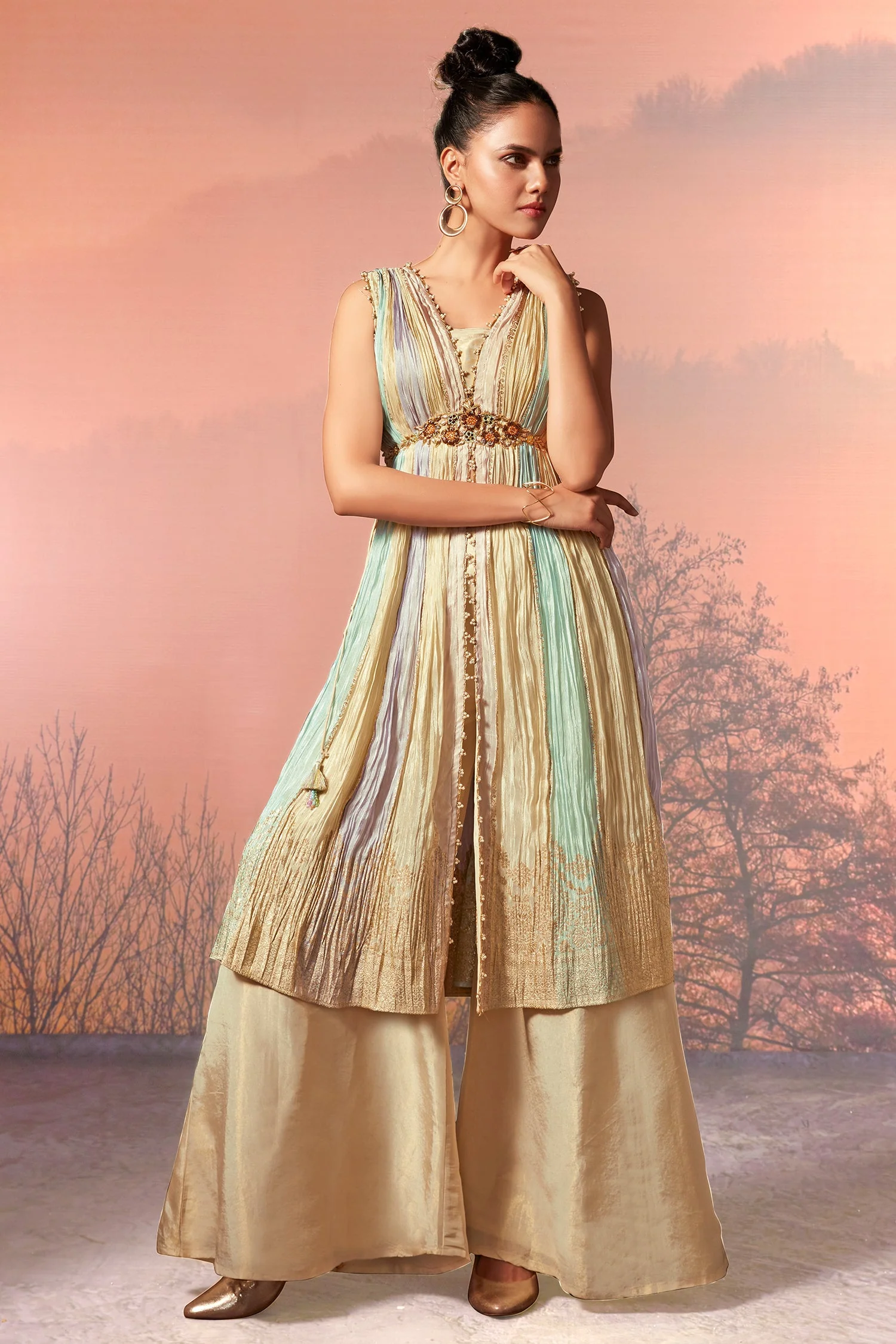 Multi Colored Chinon Crepe Silk Woven Kaftan Style Palazzo Set - Image 3