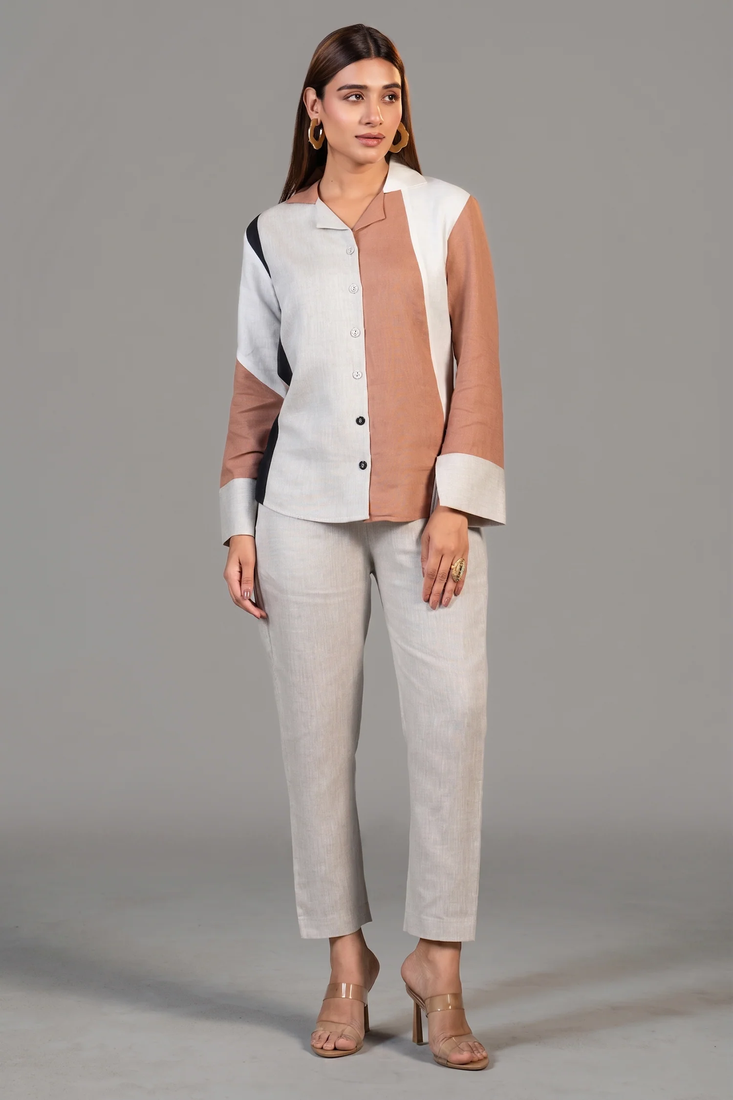 Multi Colored Linen Shirt Style Tunic with Pant