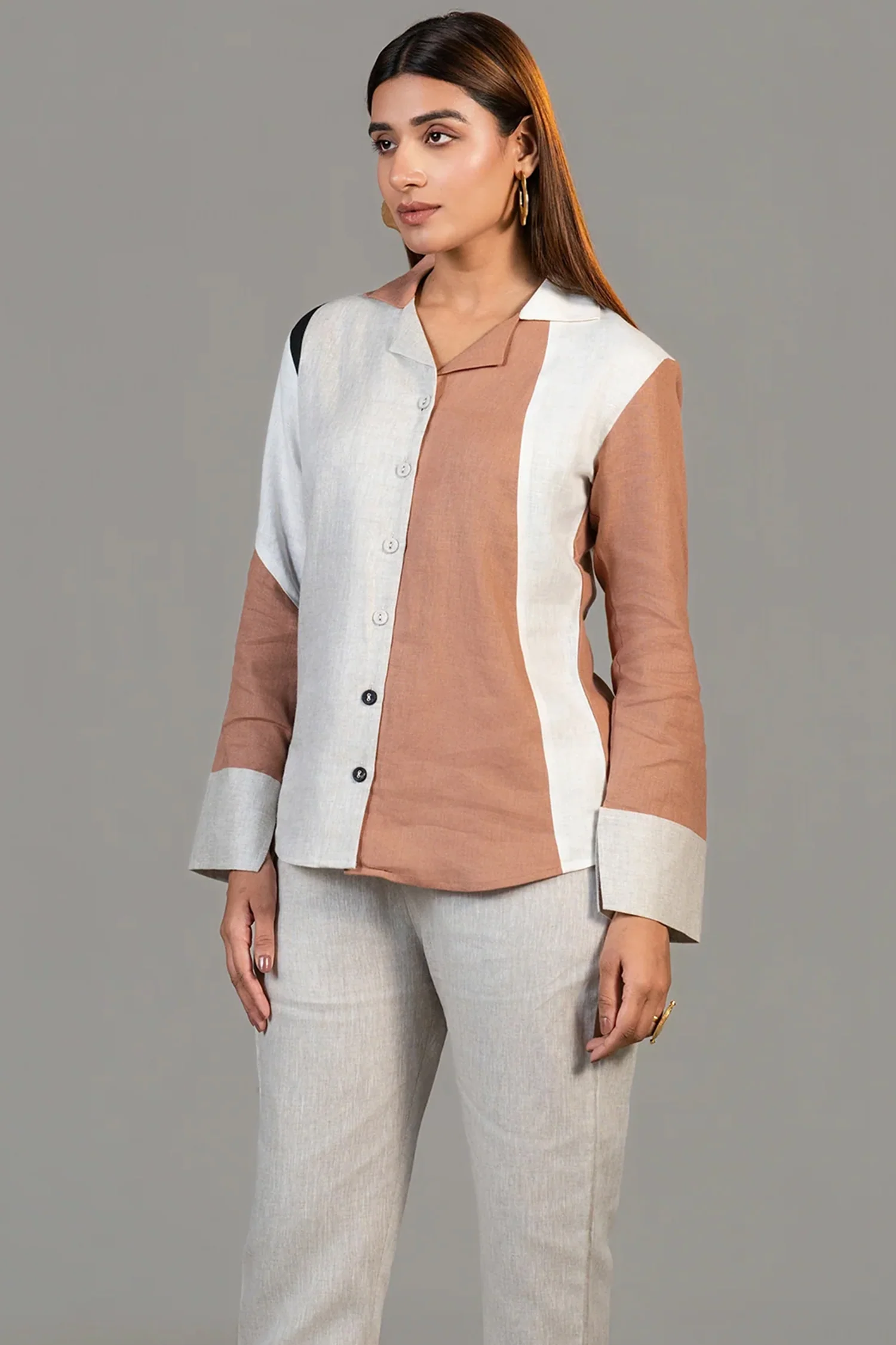 Multi Colored Linen Shirt Style Tunic with Pant - Image 2