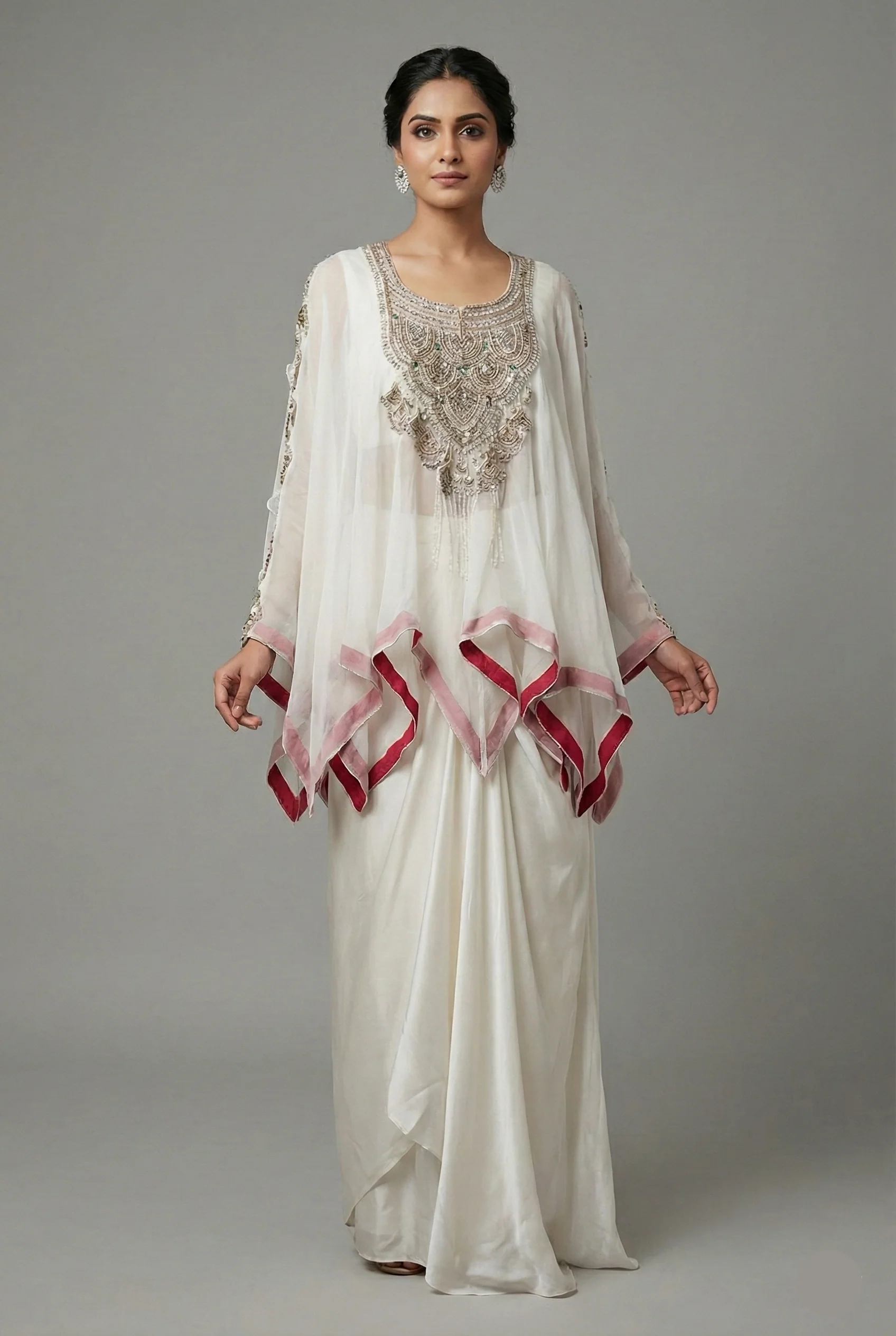 Off White Georgette Organza Asymmetric Sequinned Top and Dhoti Skirt Set