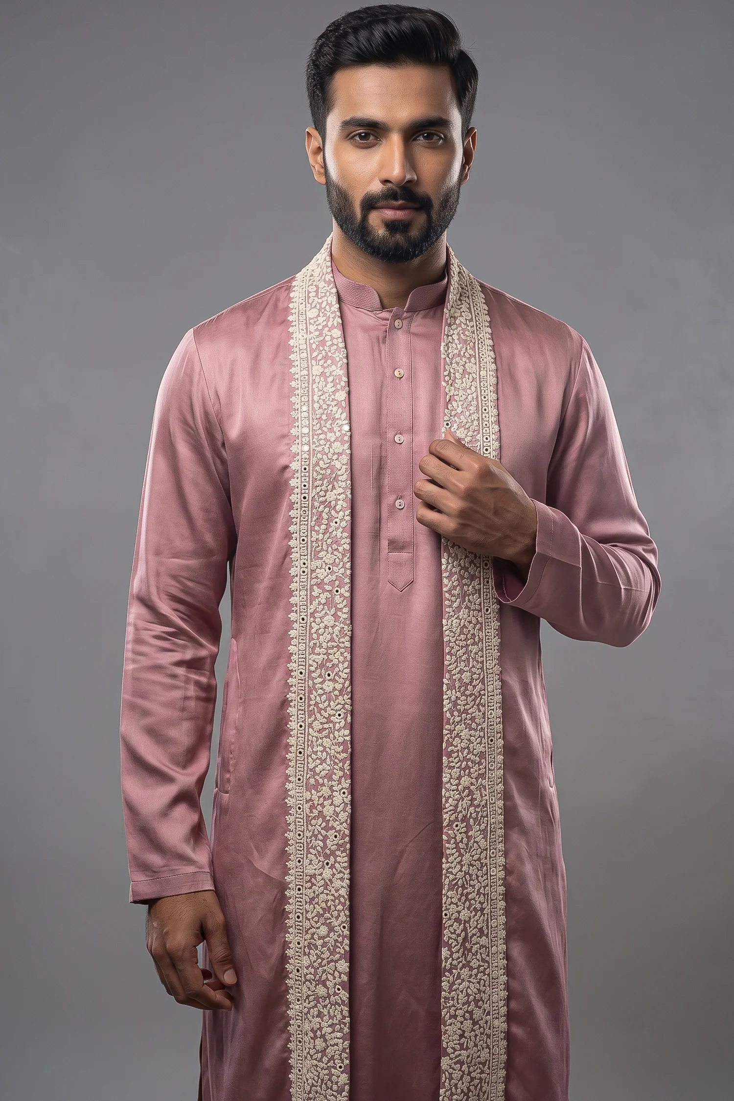 Onion Pink Silk Mirror Embroidered Kurta Pajama - Image 2