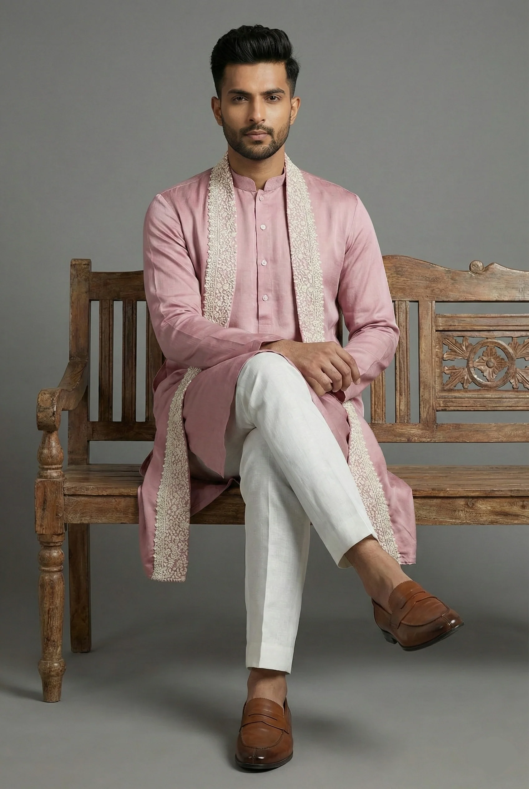 Onion Pink Silk Mirror Embroidered Kurta Pajama - Image 4