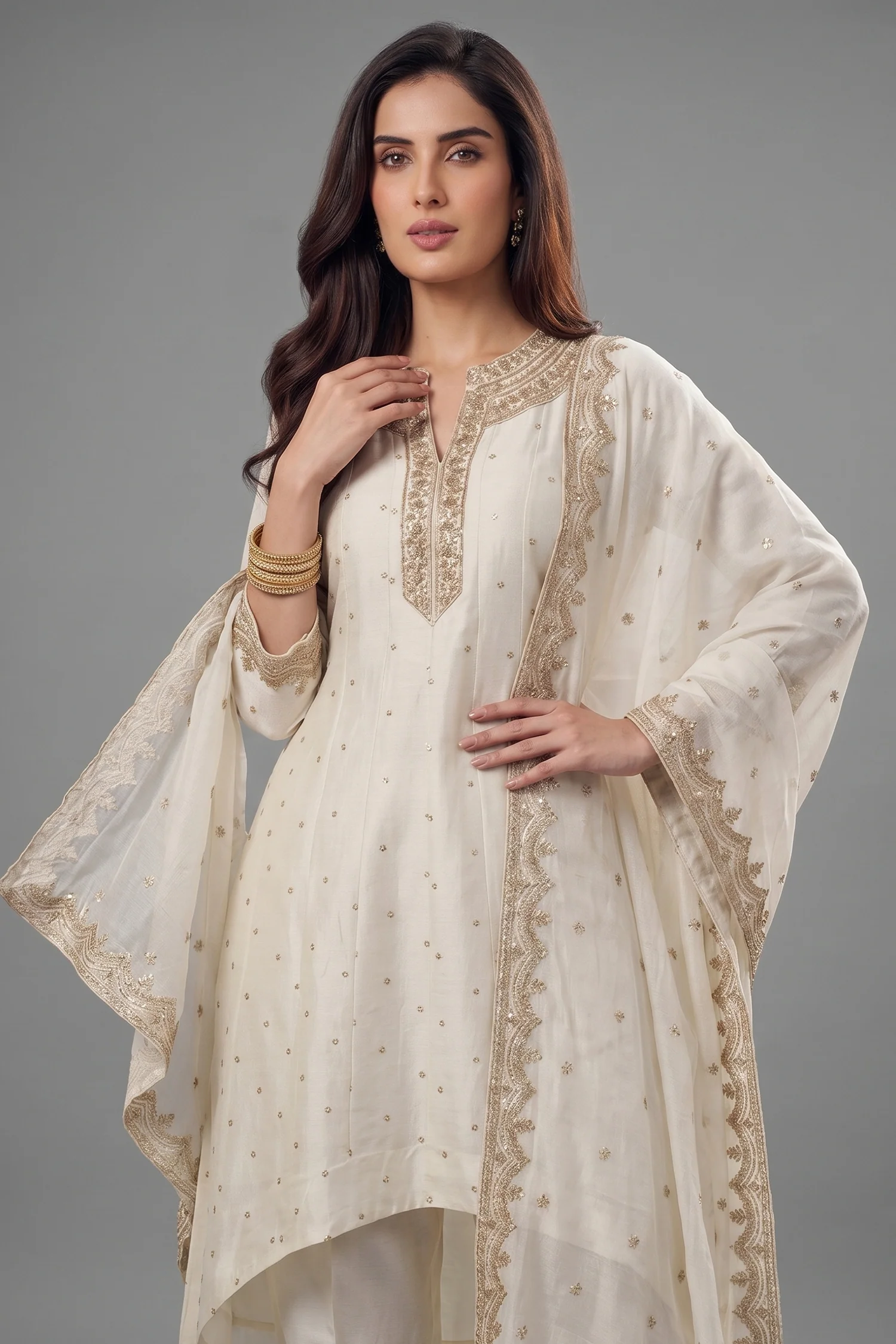 Pearl White Art Silk Sequin Embroidered High and Low Suit - Image 2