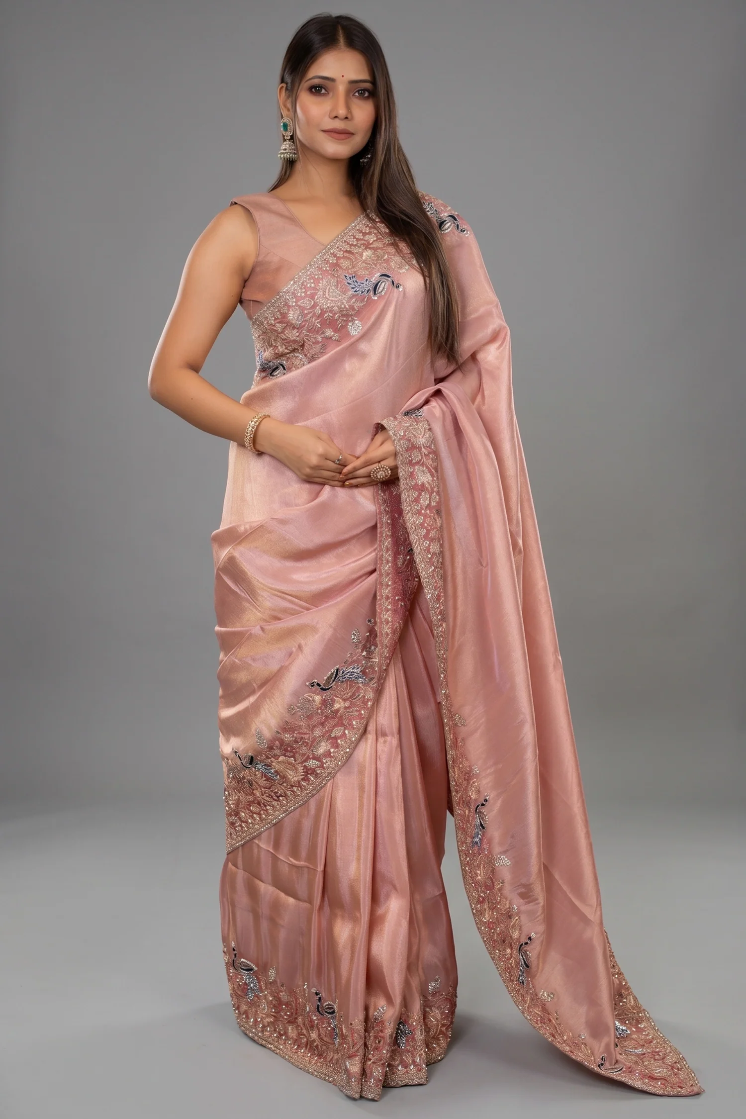 Pink Tissue Resham Embroidered and Diamond Worked Saree