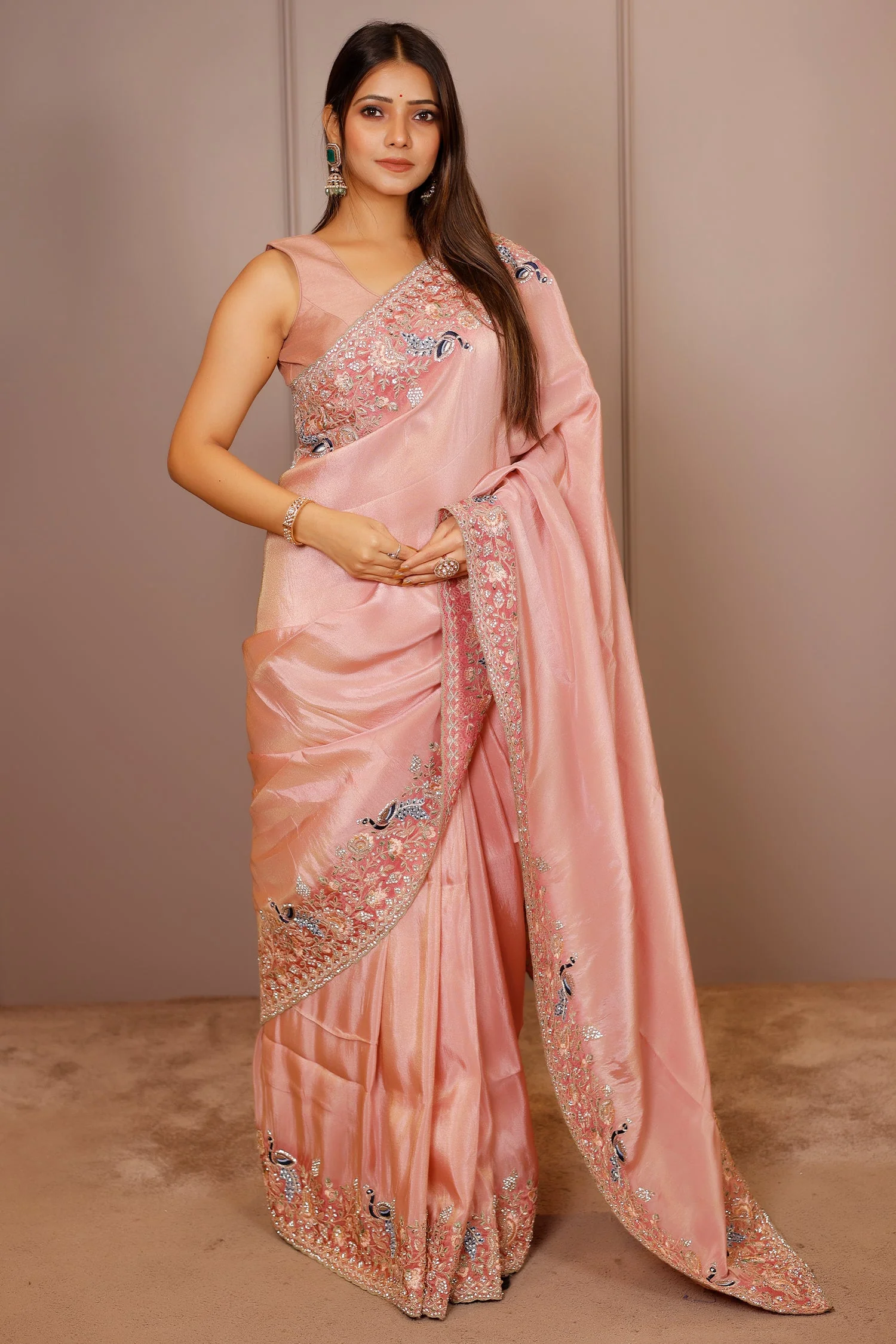 Pink Tissue Resham Embroidered and Diamond Worked Saree - Image 3