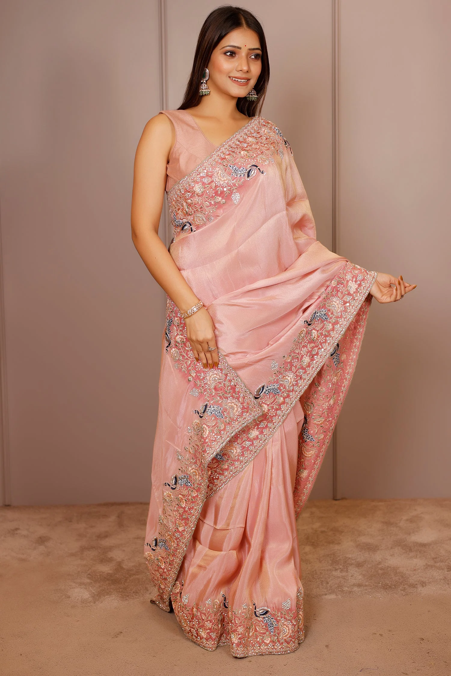 Pink Tissue Resham Embroidered and Diamond Worked Saree - Image 4