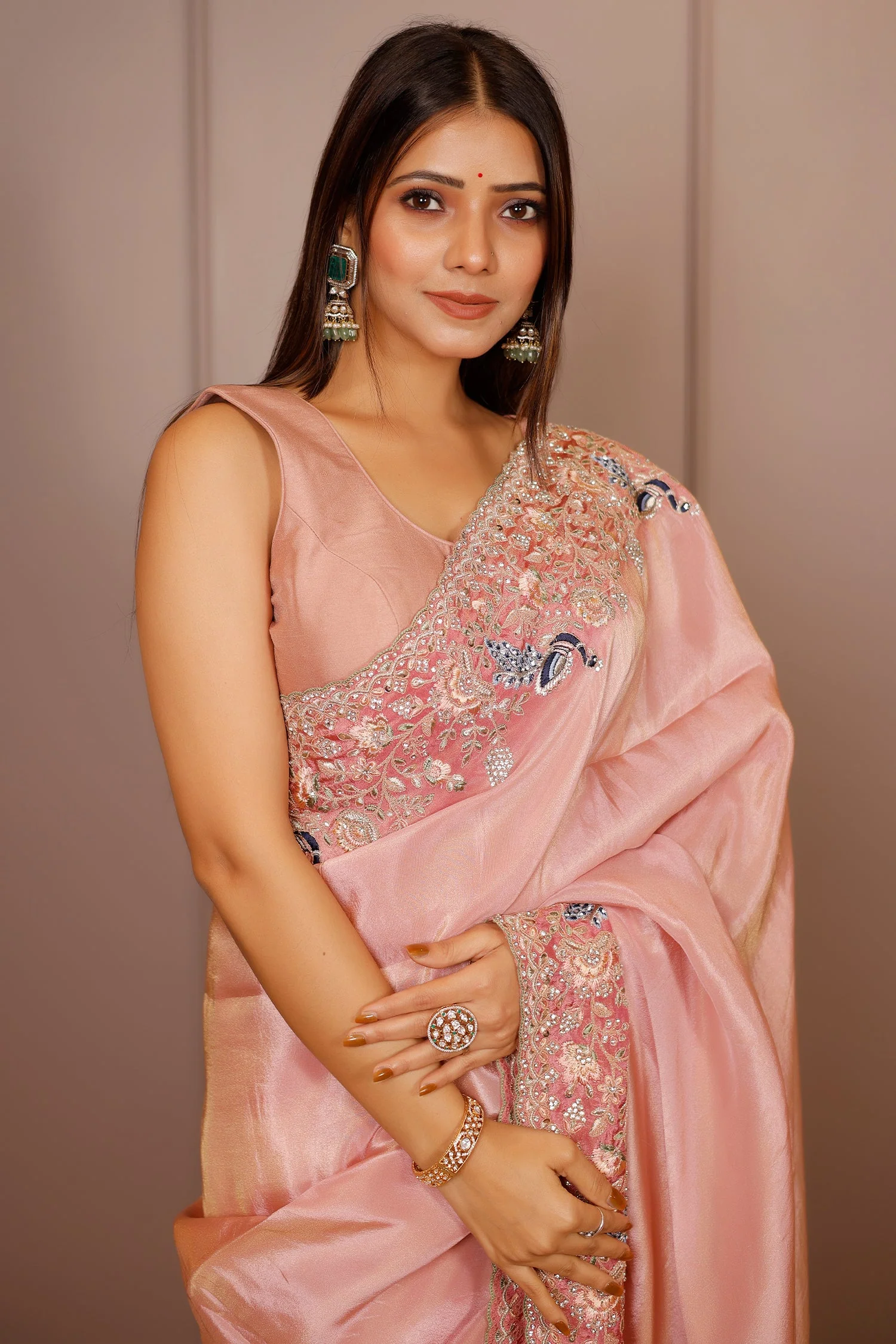 Pink Tissue Resham Embroidered and Diamond Worked Saree - Image 5