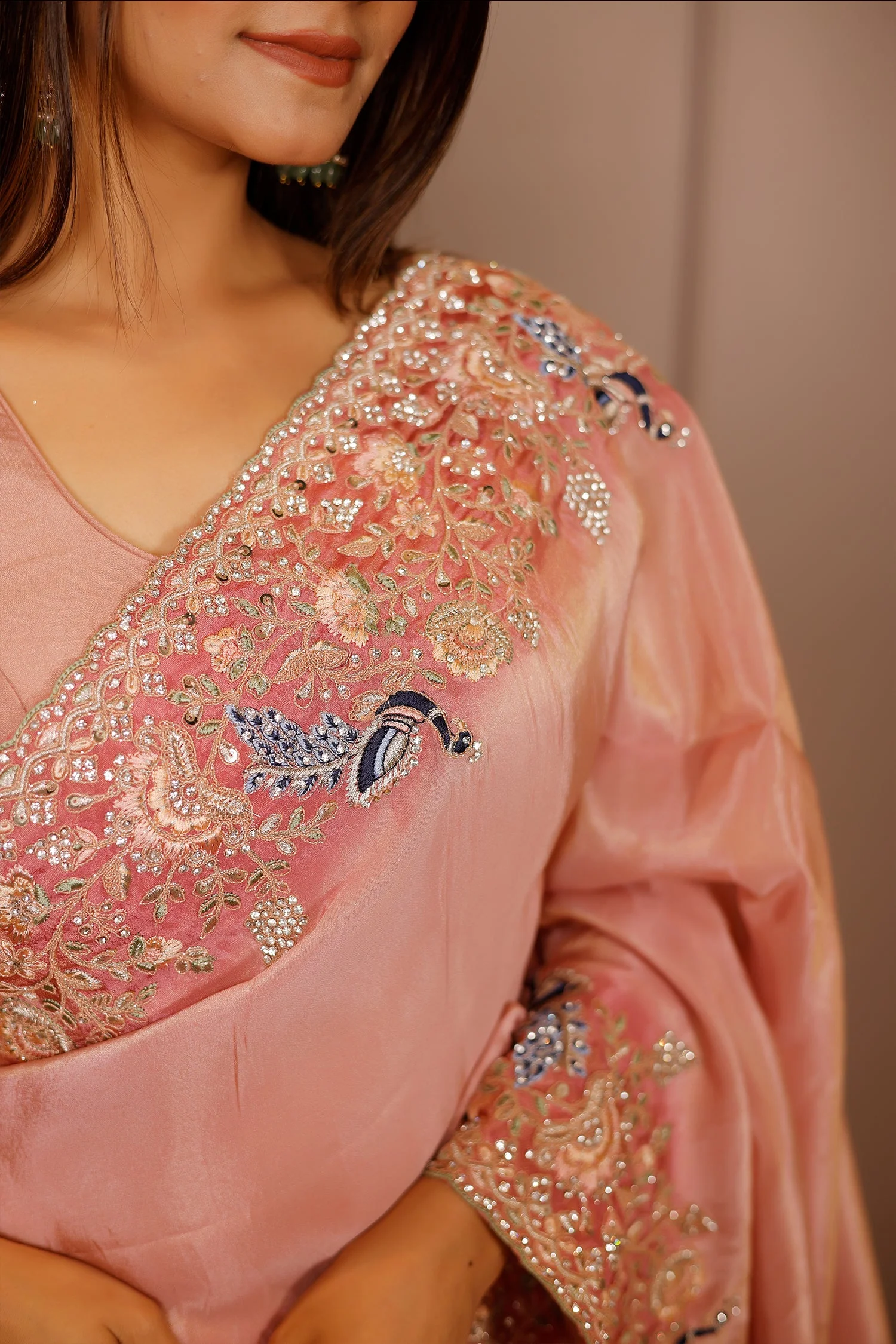 Pink Tissue Resham Embroidered and Diamond Worked Saree - Image 6