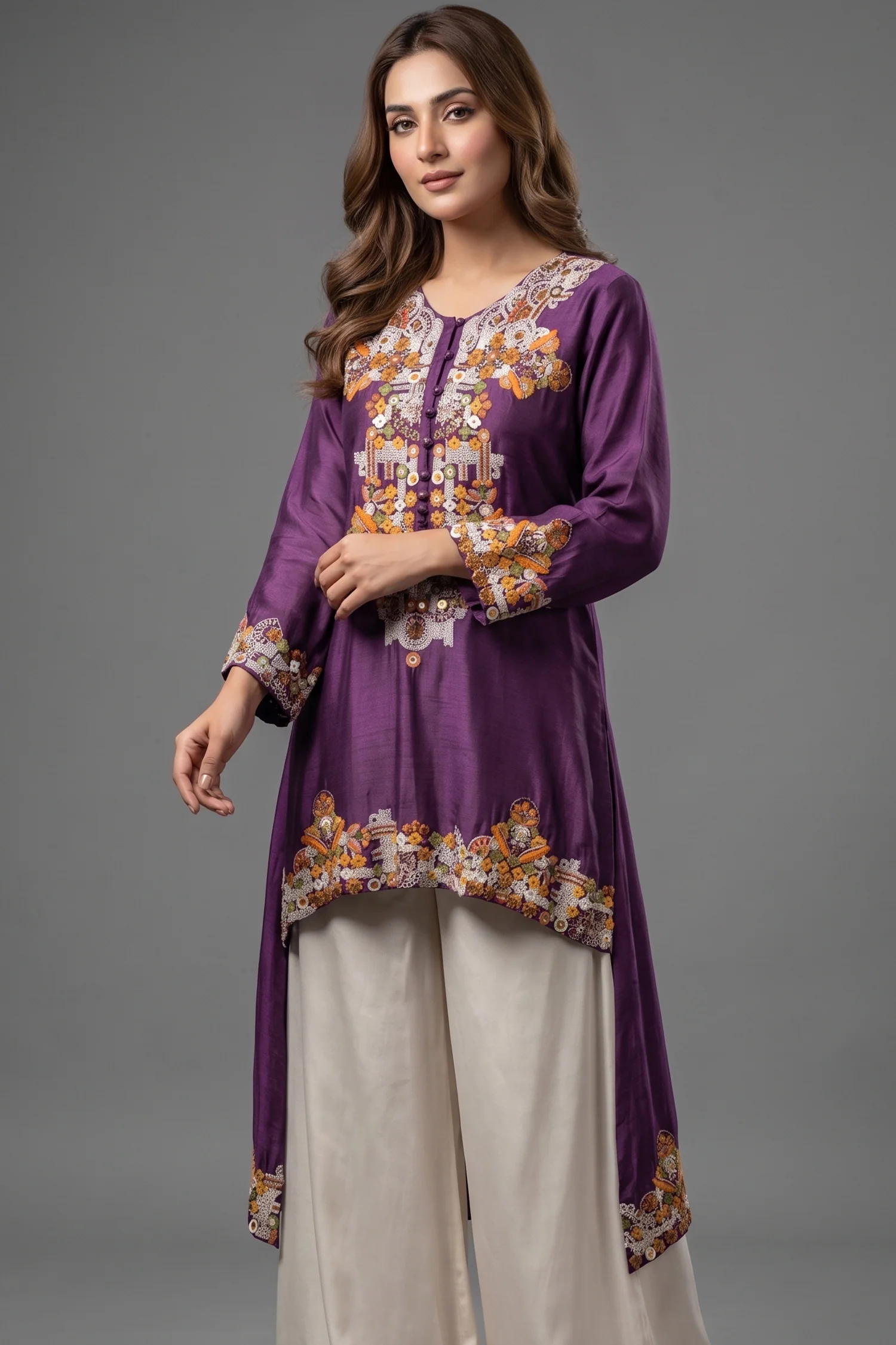 Purple Raw Silk Mirror and Thread Embroidered Top with Draped Skirt - Image 2