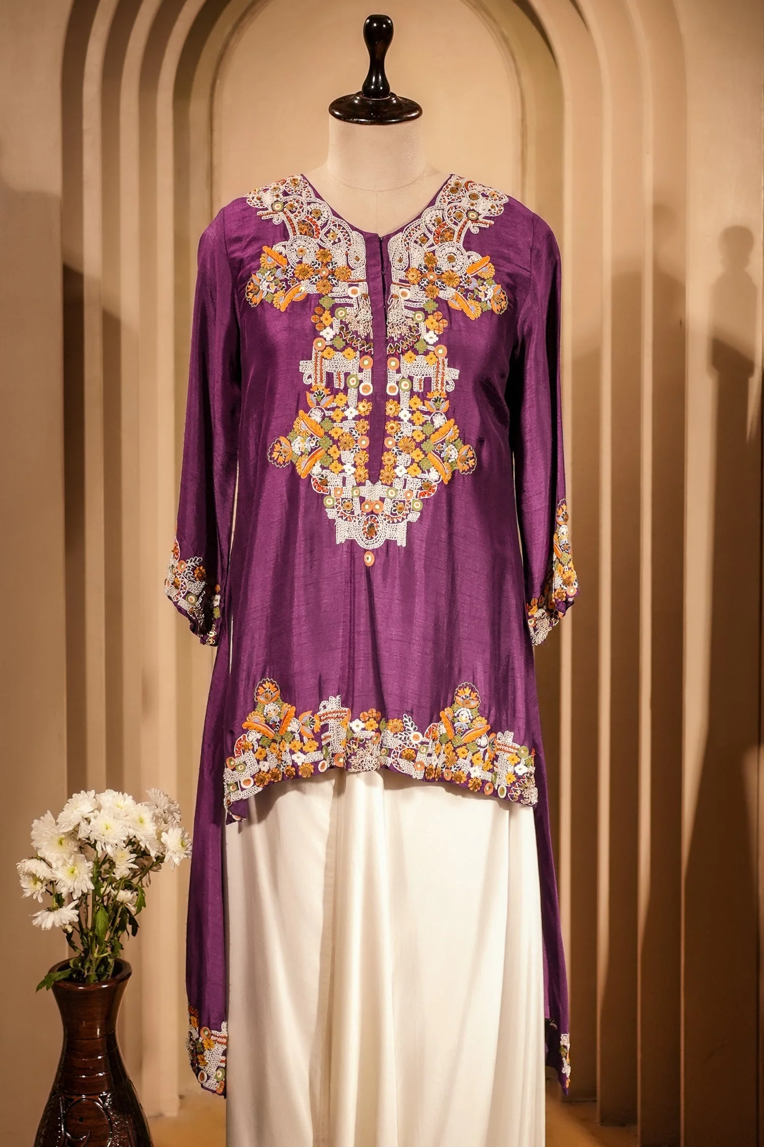 Purple Raw Silk Mirror and Thread Embroidered Top with Draped Skirt - Image 3