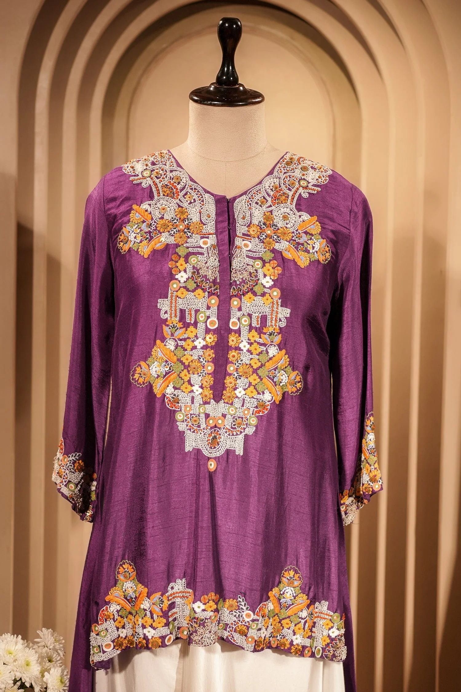 Purple Raw Silk Mirror and Thread Embroidered Top with Draped Skirt - Image 4