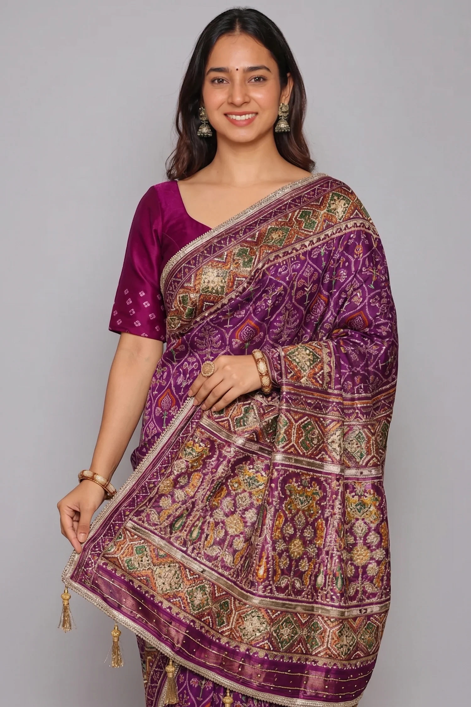Purple Silk Traditional Woven Patola Saree with Cutdana and Beads Work - Image 2
