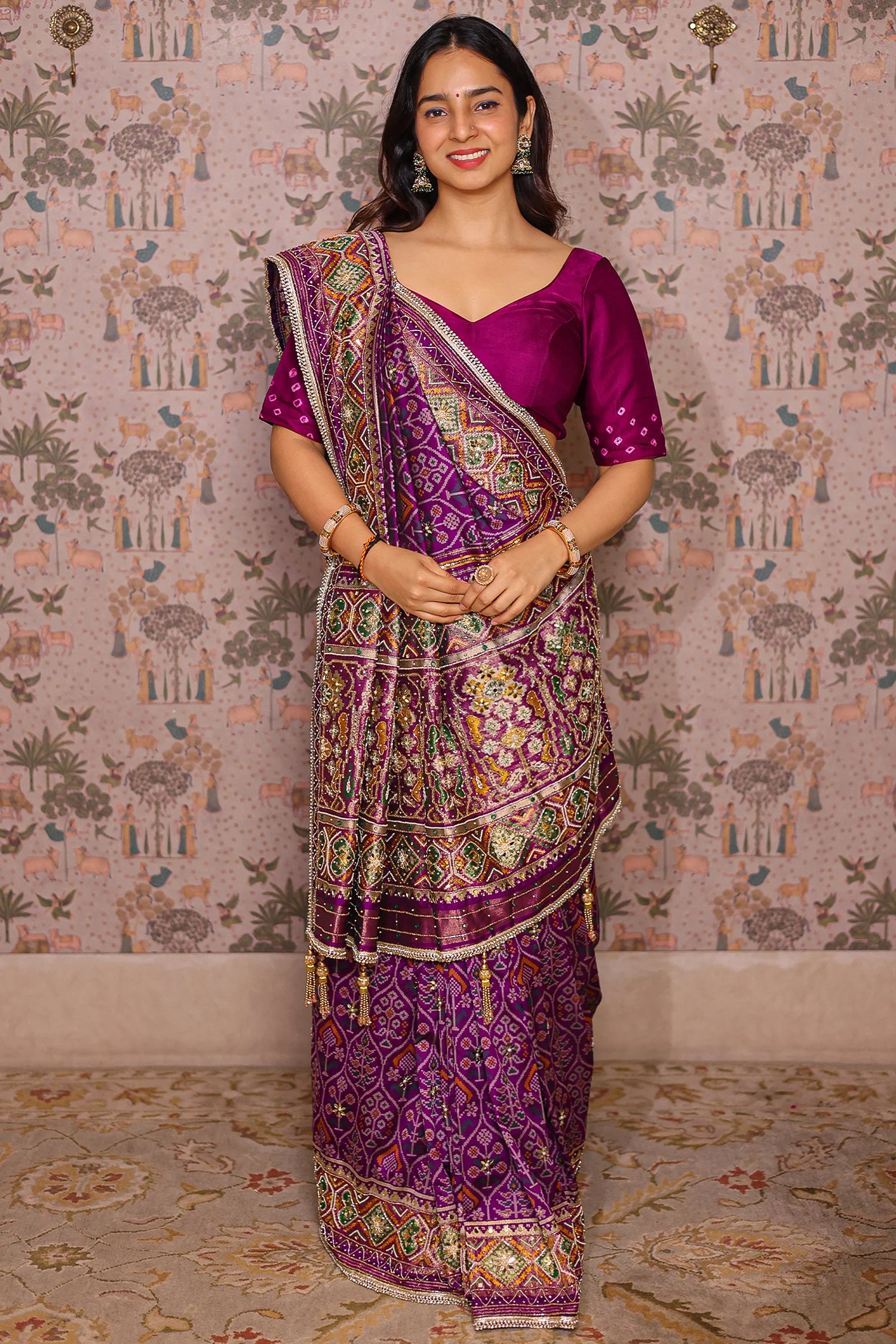 Purple Silk Traditional Woven Patola Saree with Cutdana and Beads Work - Image 3