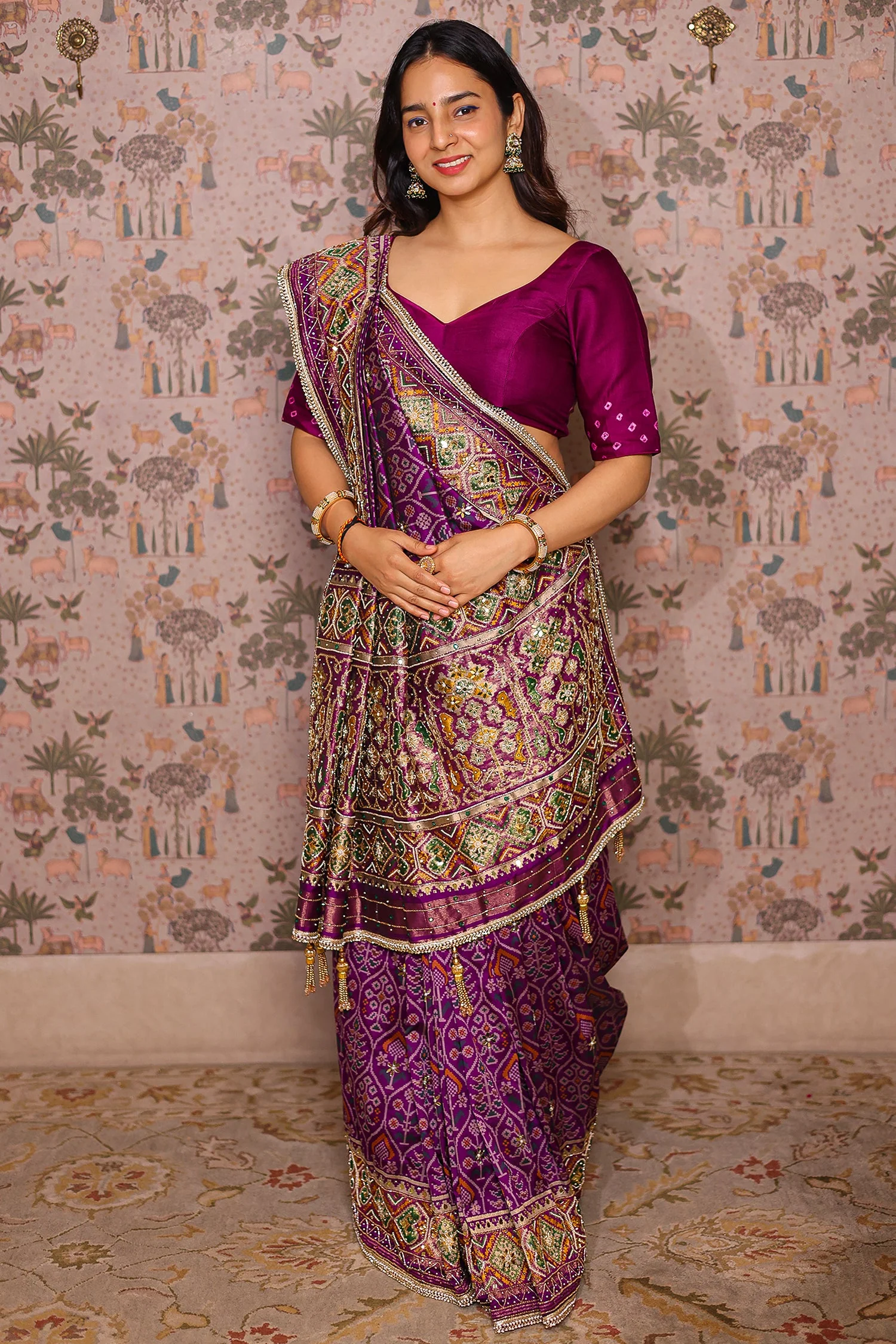 Purple Silk Traditional Woven Patola Saree with Cutdana and Beads Work - Image 4