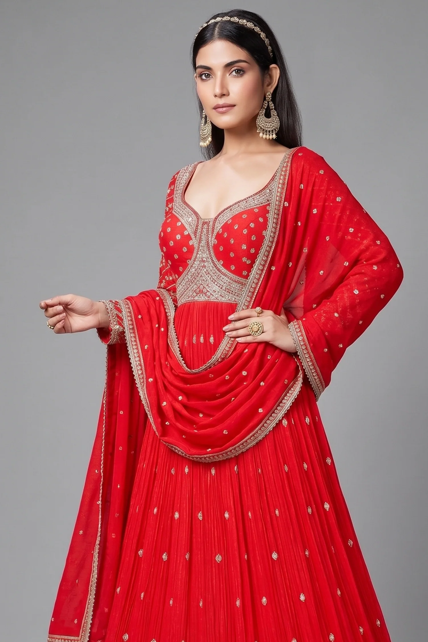 Red Chinon Anarkali Suit with Sequin and Mirror Work - Image 2