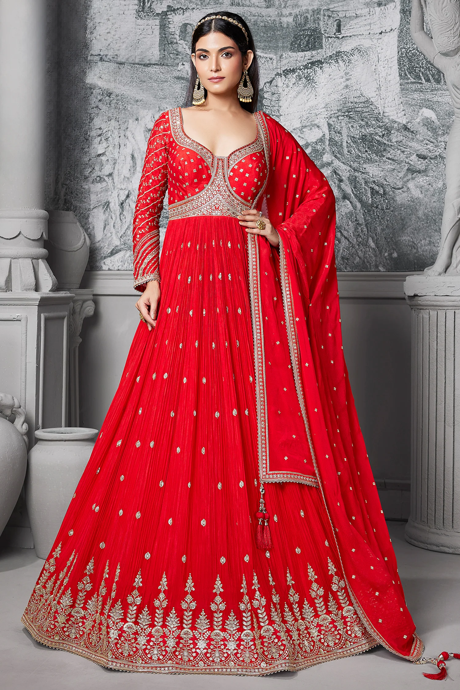 Red Chinon Anarkali Suit with Sequin and Mirror Work - Image 3