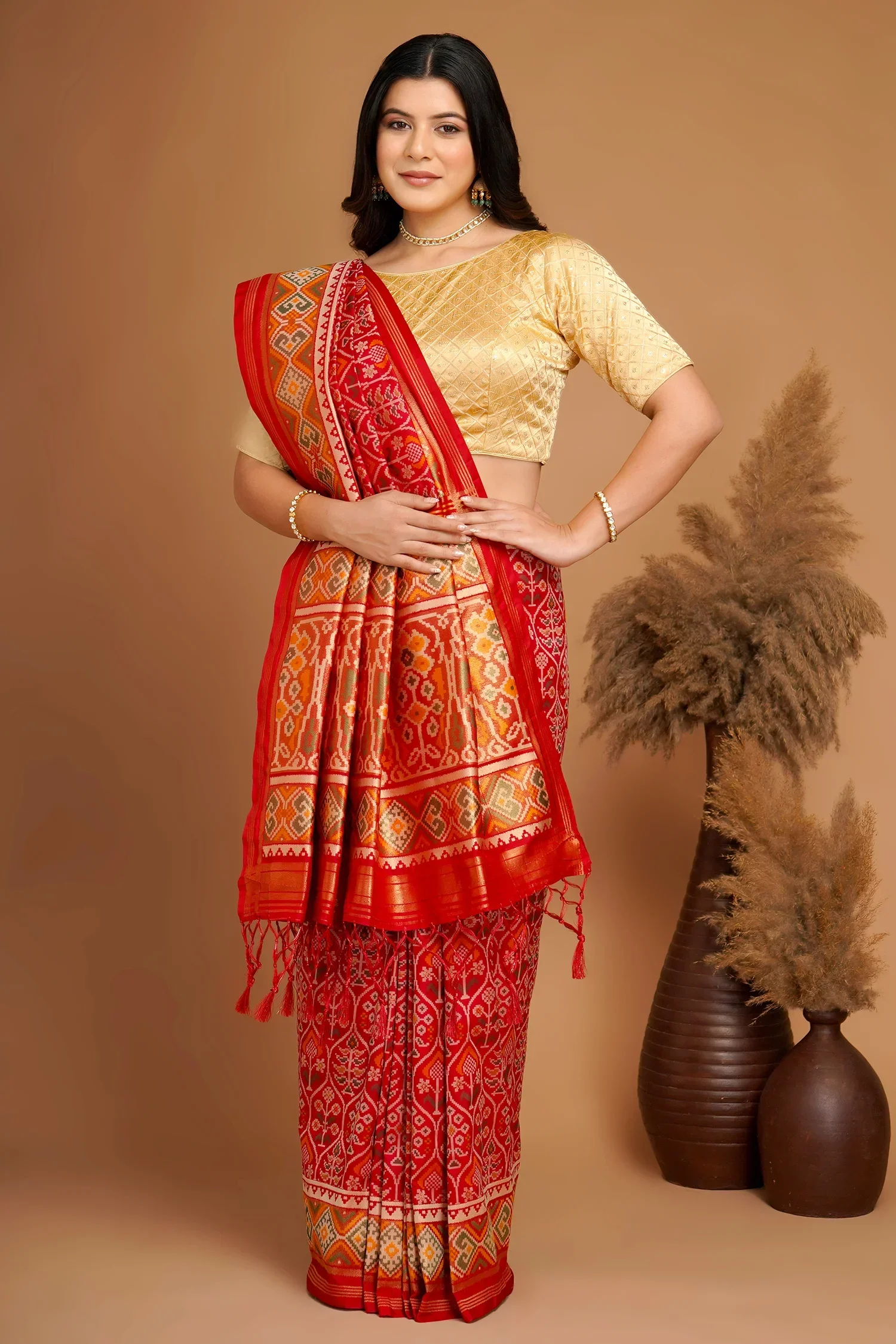 Red Traditional Patola Woven Saree in Silk - Image 3