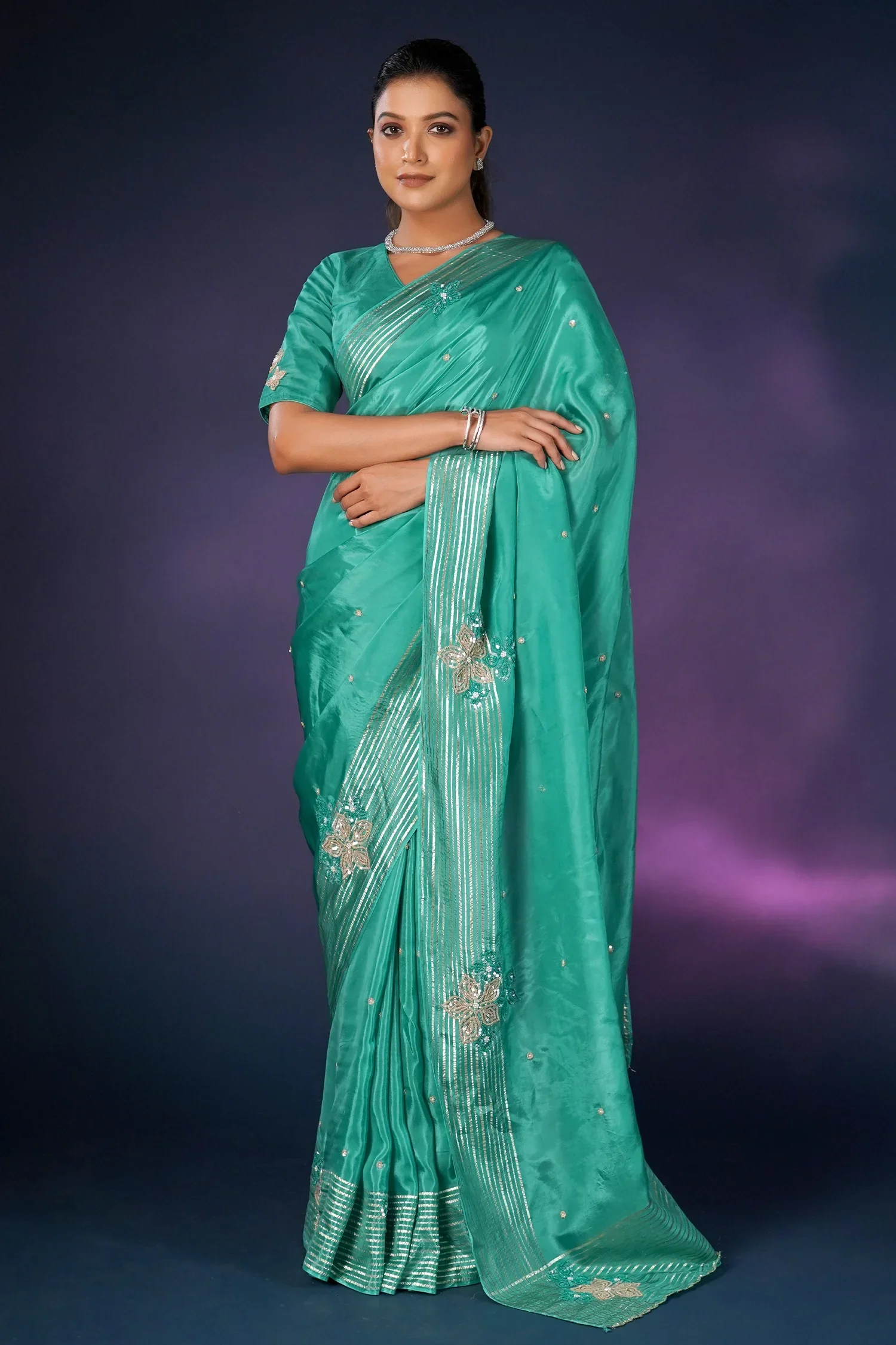 Sea Green Tissue Silk Saree with Sequin Border - Image 3