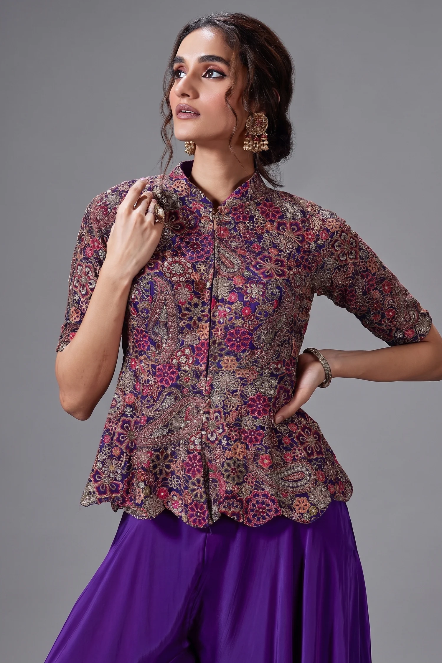 Violet Purple Silk Sequin Embroidery Peplum Top and Palazzo Set - Image 2
