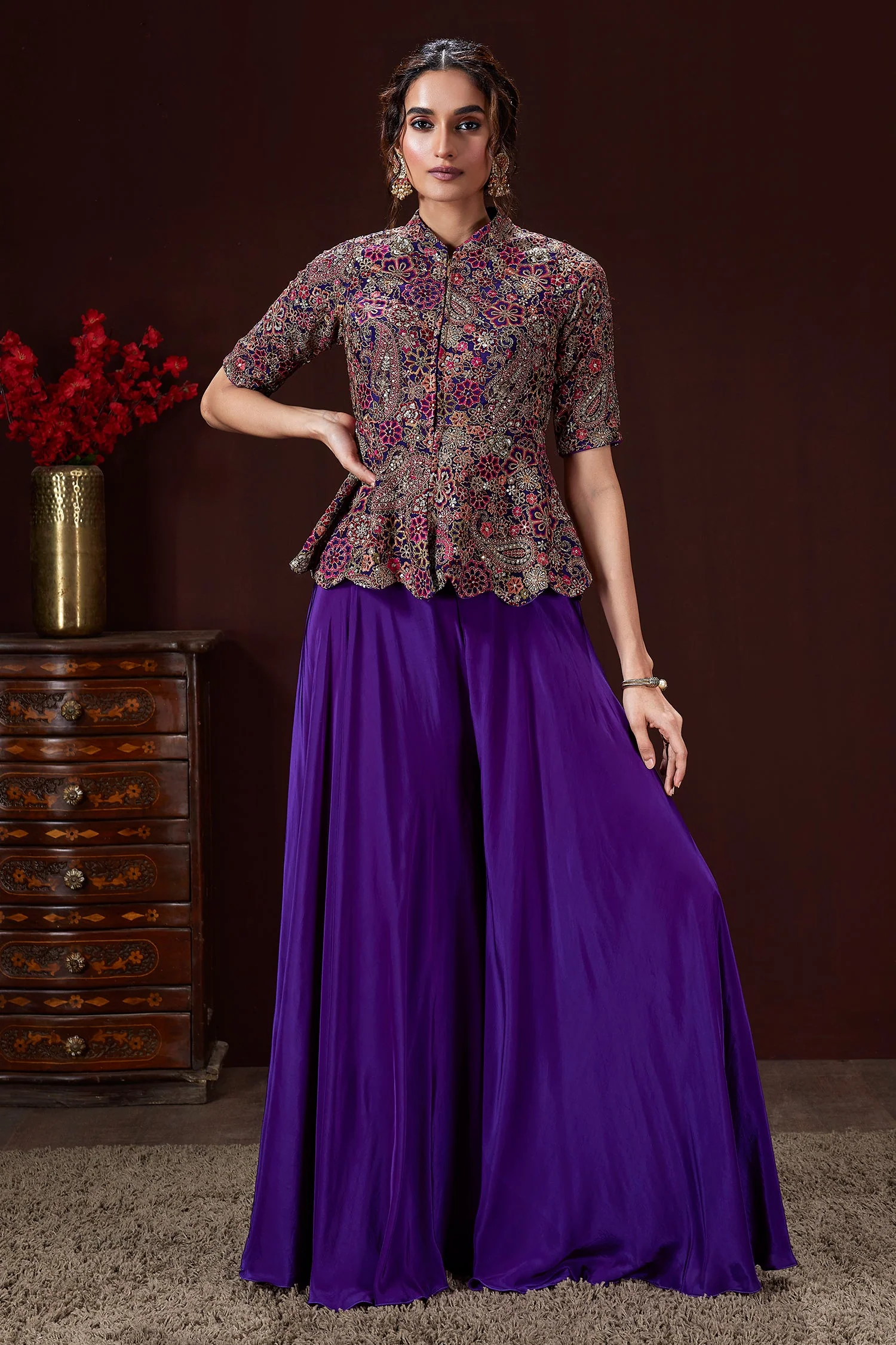 Violet Purple Silk Sequin Embroidery Peplum Top and Palazzo Set - Image 3