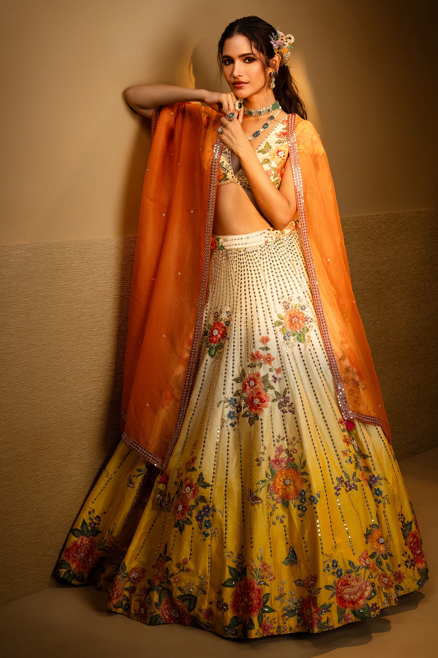 Yellow Ombre Raw Silk Designer Floral Motifs and Mirror Worked Lehenga with Deep V Neckline Blouse - Image 2