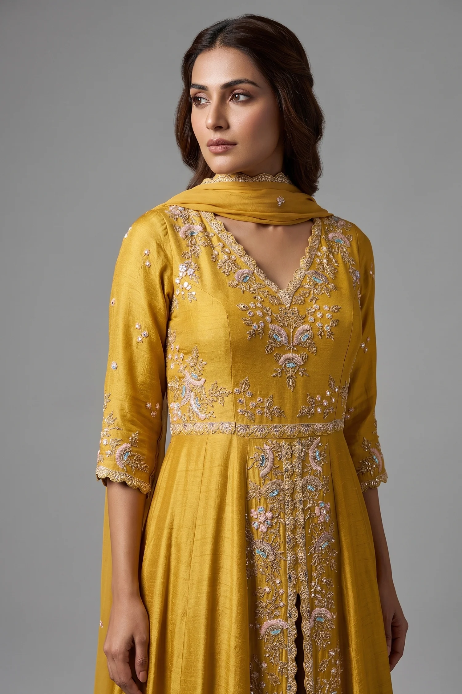Yellow Raw Silk V Neckline Slit Cut Palazzo Suit with Sequins Work - Image 2