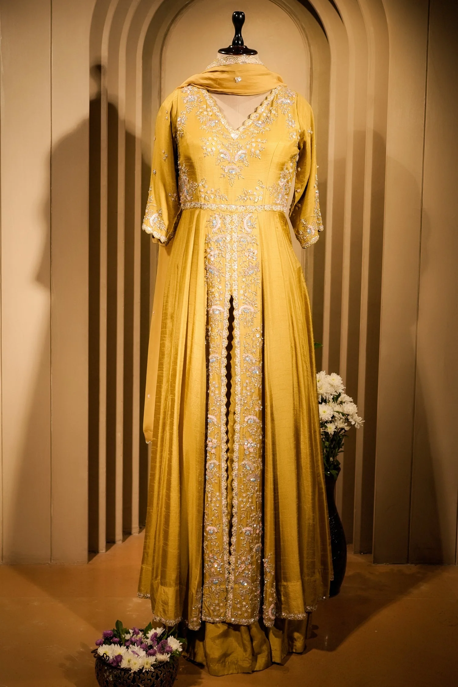 Yellow Raw Silk V Neckline Slit Cut Palazzo Suit with Sequins Work - Image 3